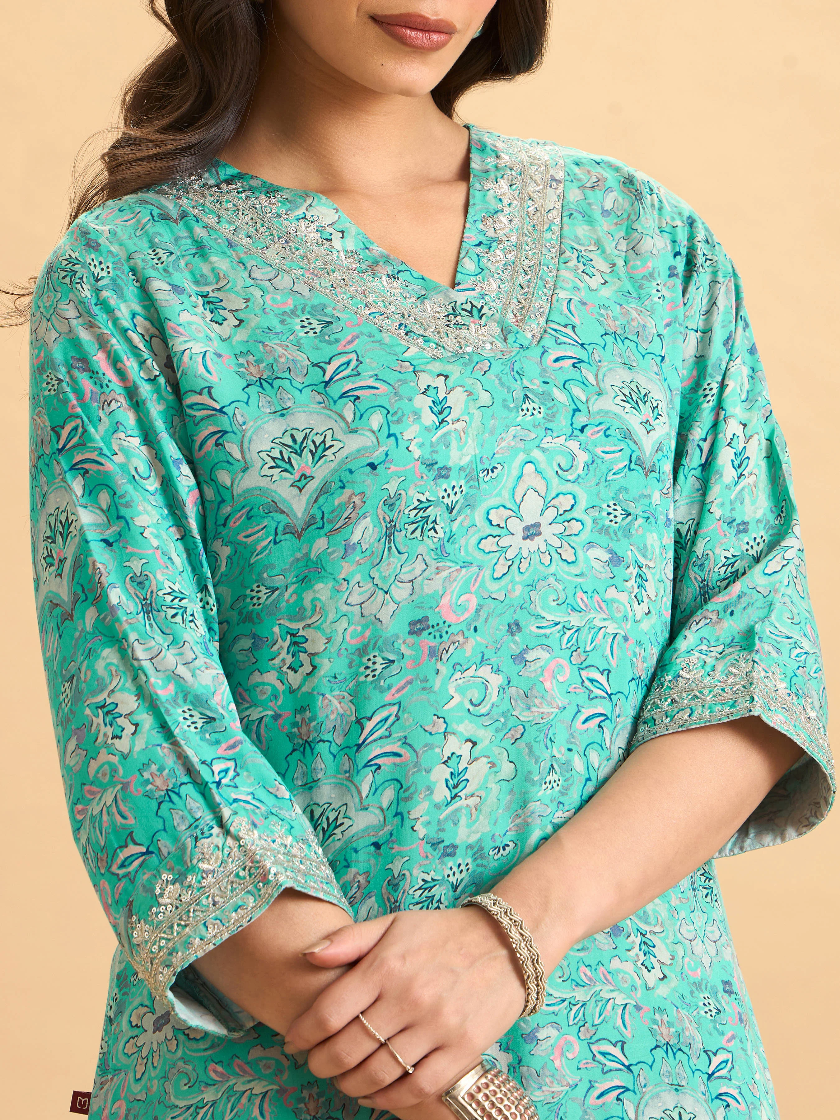Aqua Blue Modal Satin Printed Kurti Set With Hand Work - Image 4