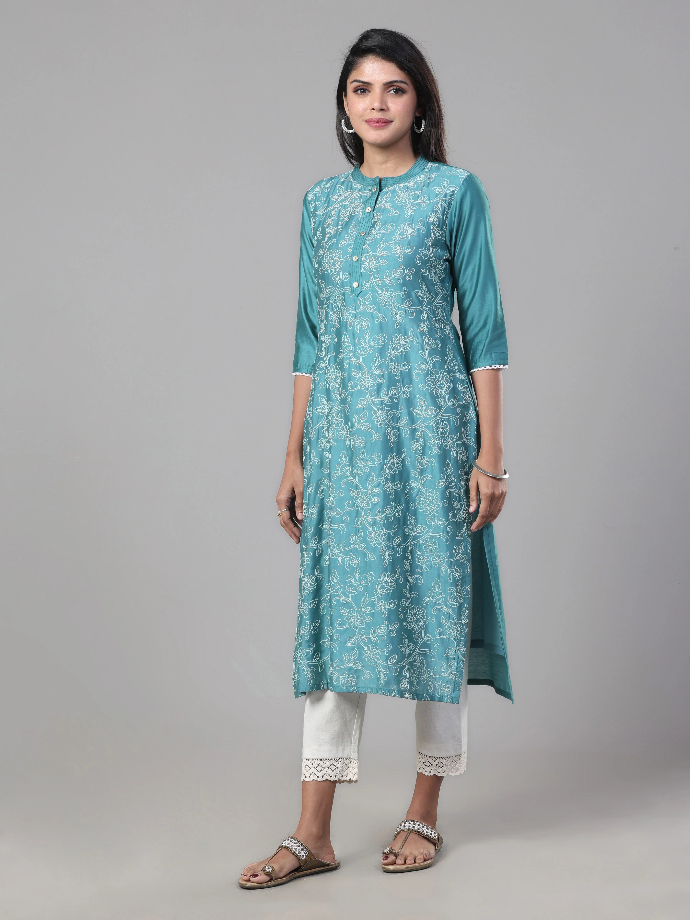 Aqua Blue Poly Viscose Kurti With Embroidery - Image 3