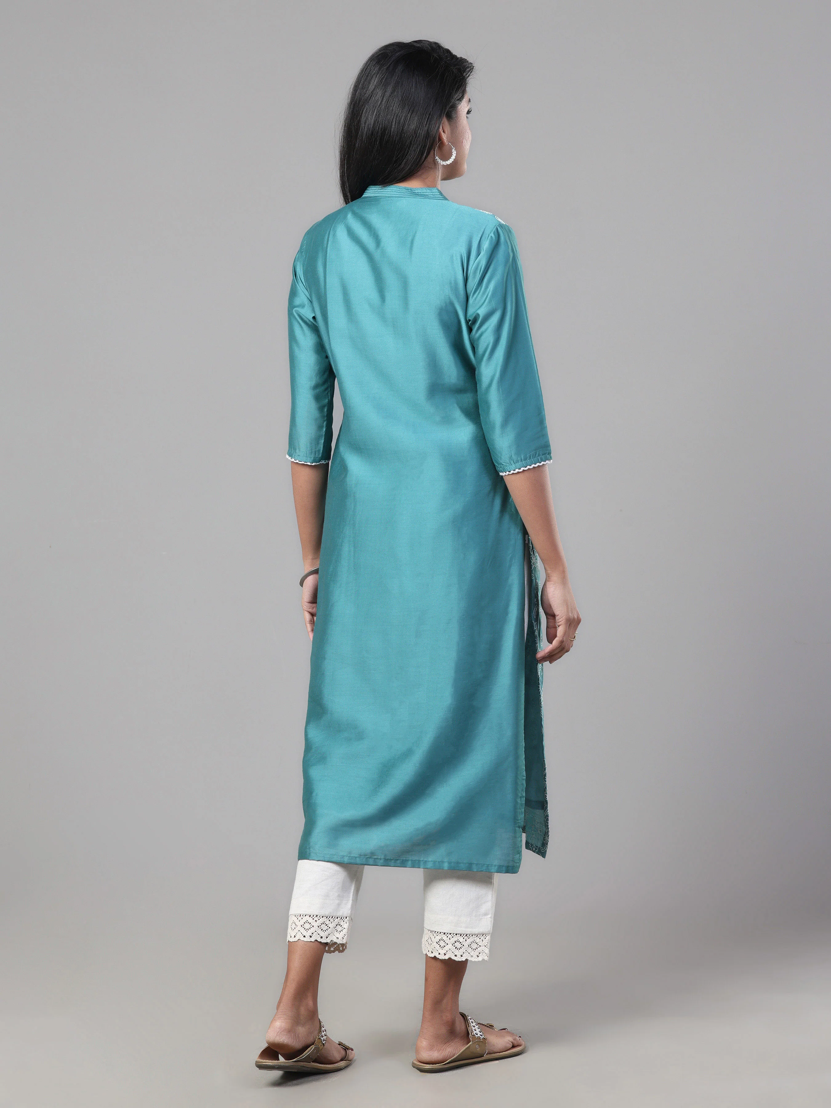 Aqua Blue Poly Viscose Kurti With Embroidery - Image 5