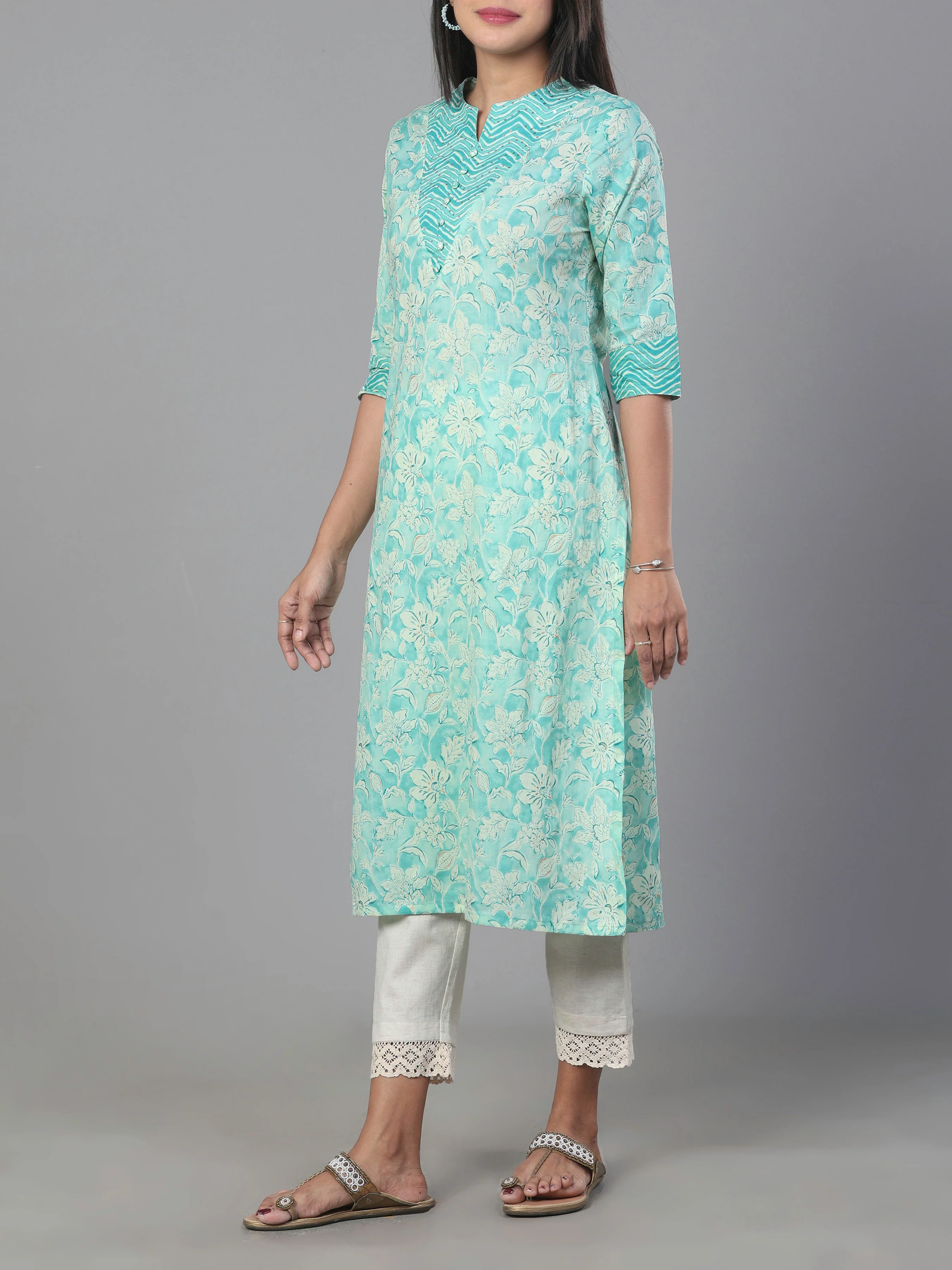 Aqua Blue Pure Cotton Embroidered Printed Kurti - Image 3