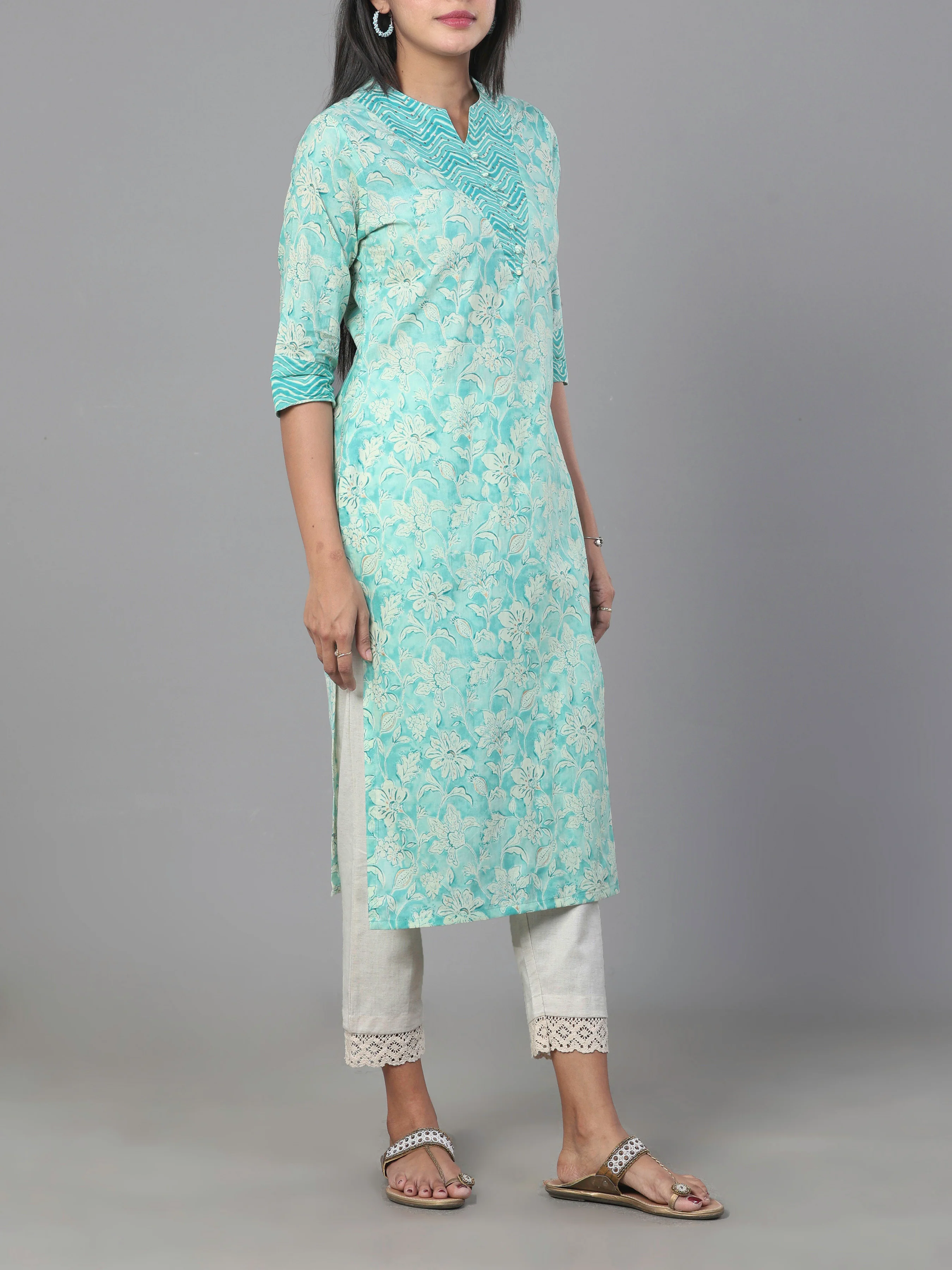 Aqua Blue Pure Cotton Embroidered Printed Kurti - Image 4