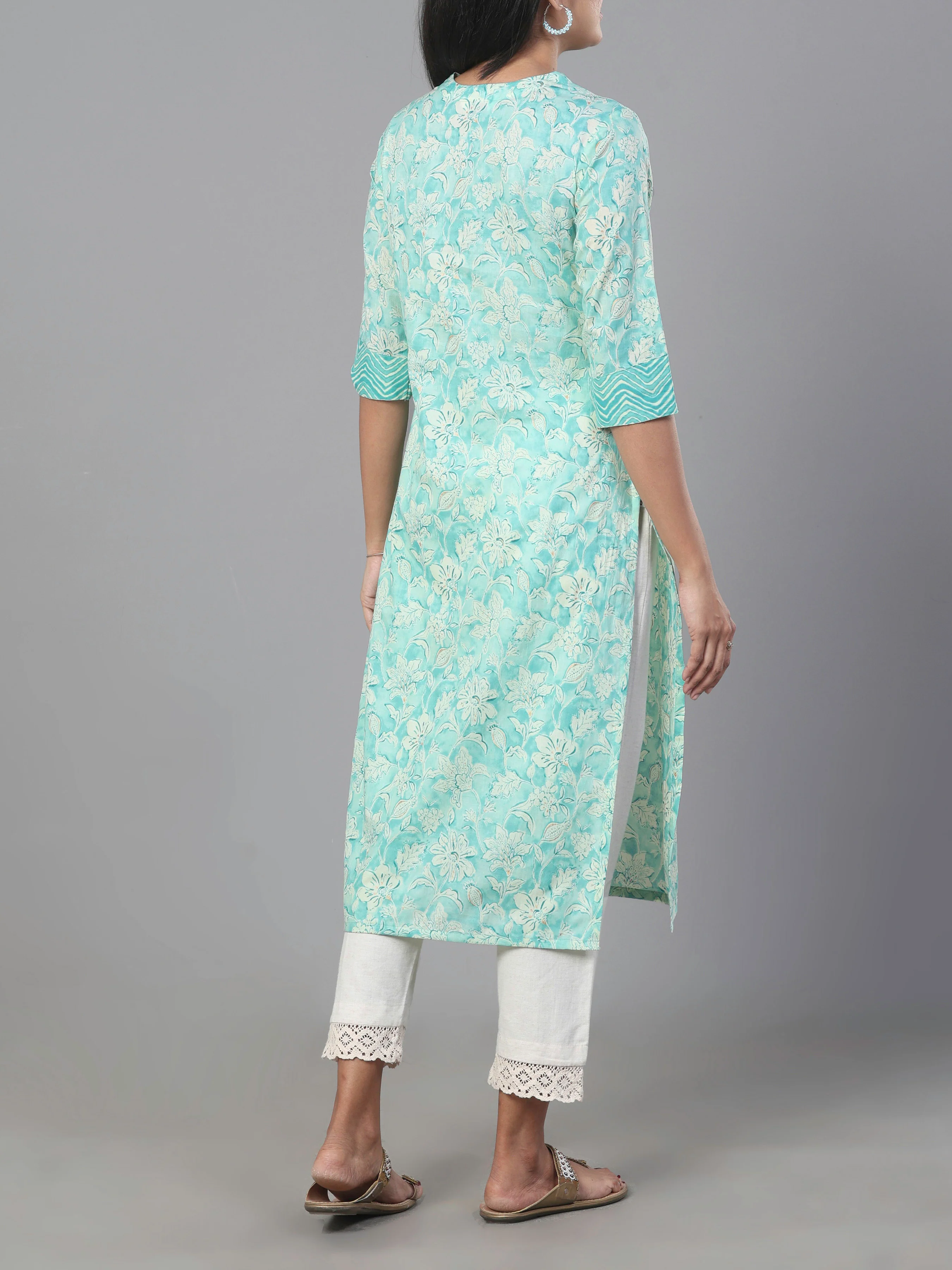 Aqua Blue Pure Cotton Embroidered Printed Kurti - Image 5