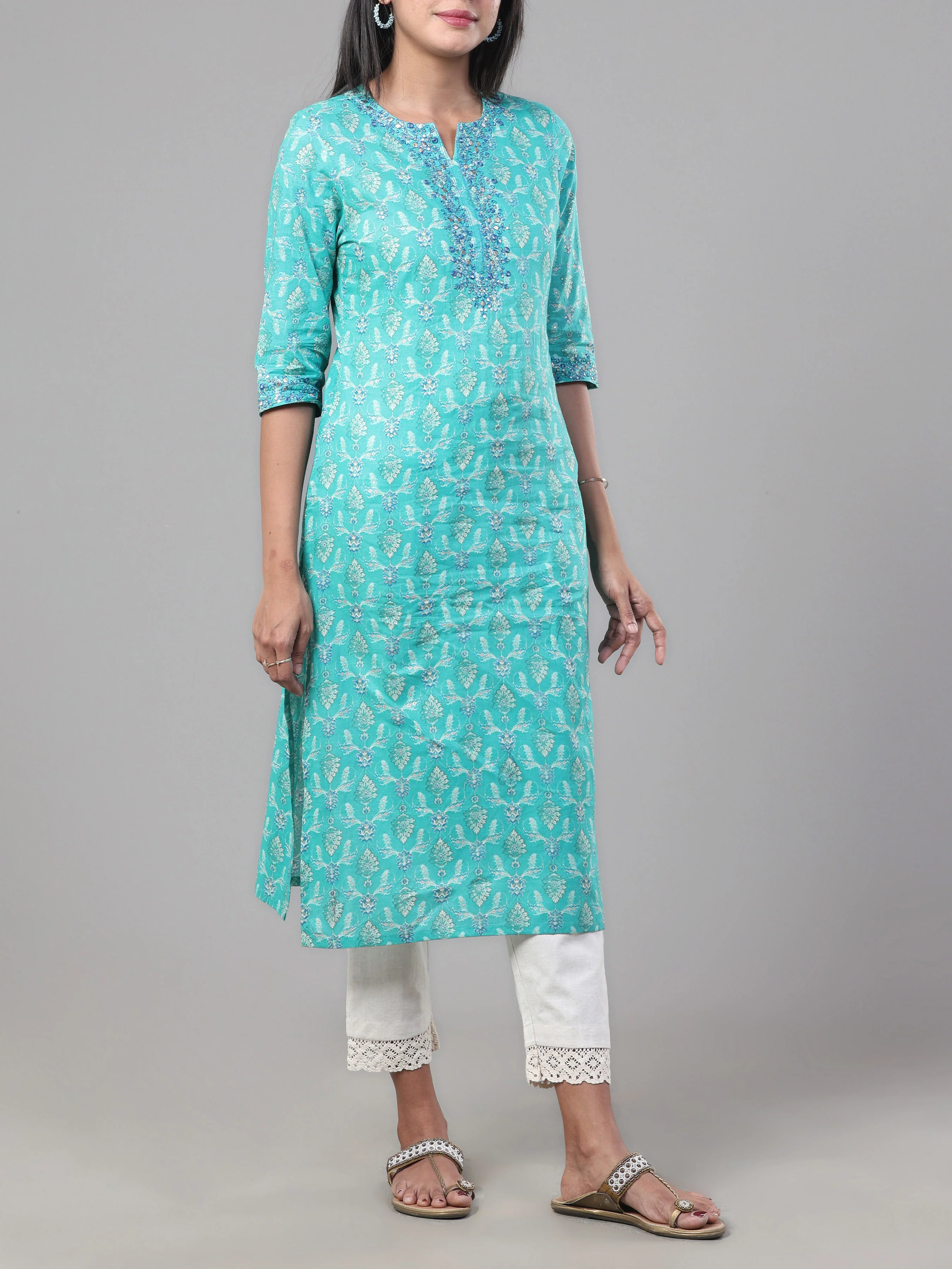 Aqua Blue Pure Cotton Printed Kurti With Embroidery - Image 3