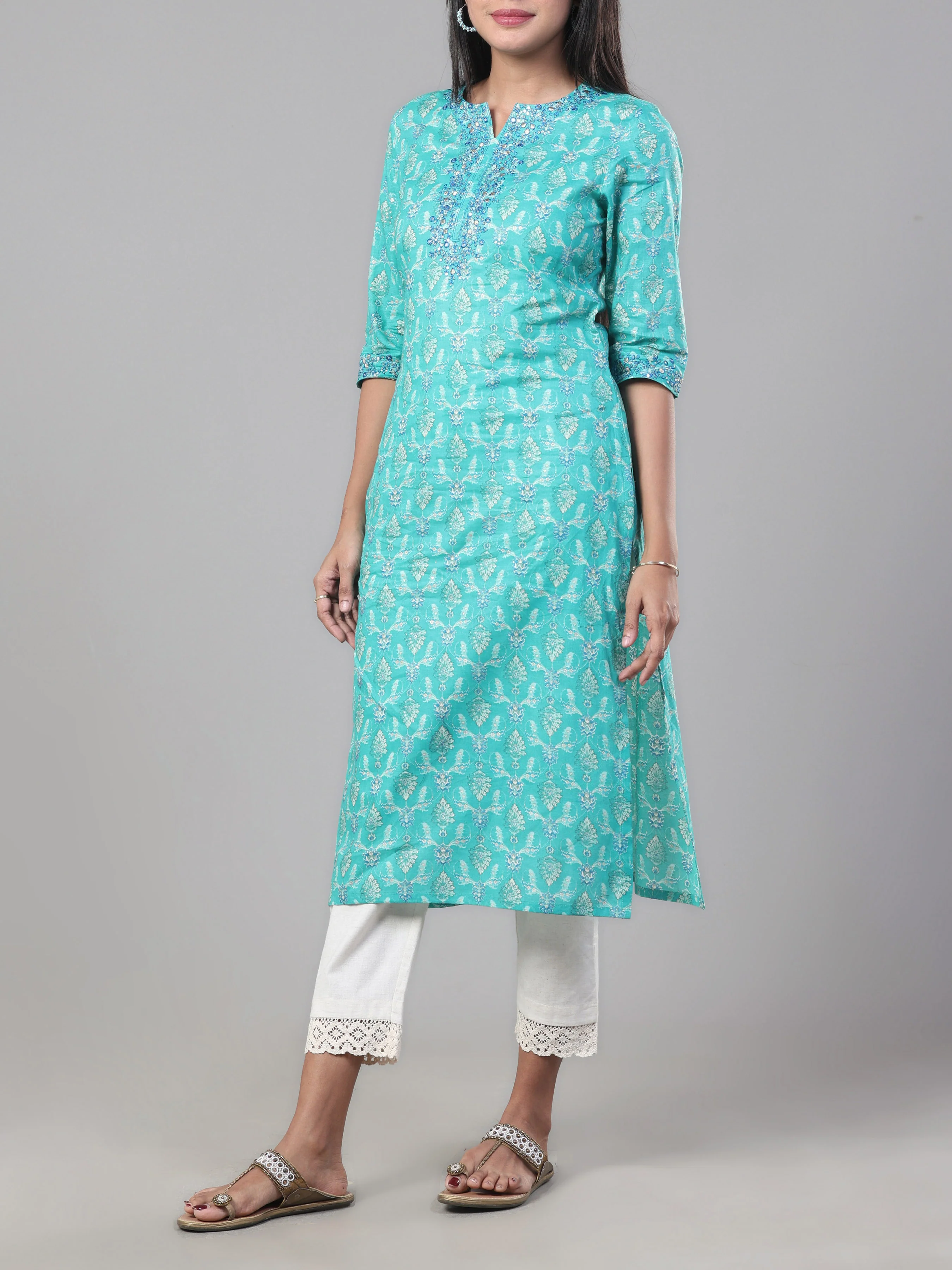 Aqua Blue Pure Cotton Printed Kurti With Embroidery - Image 4