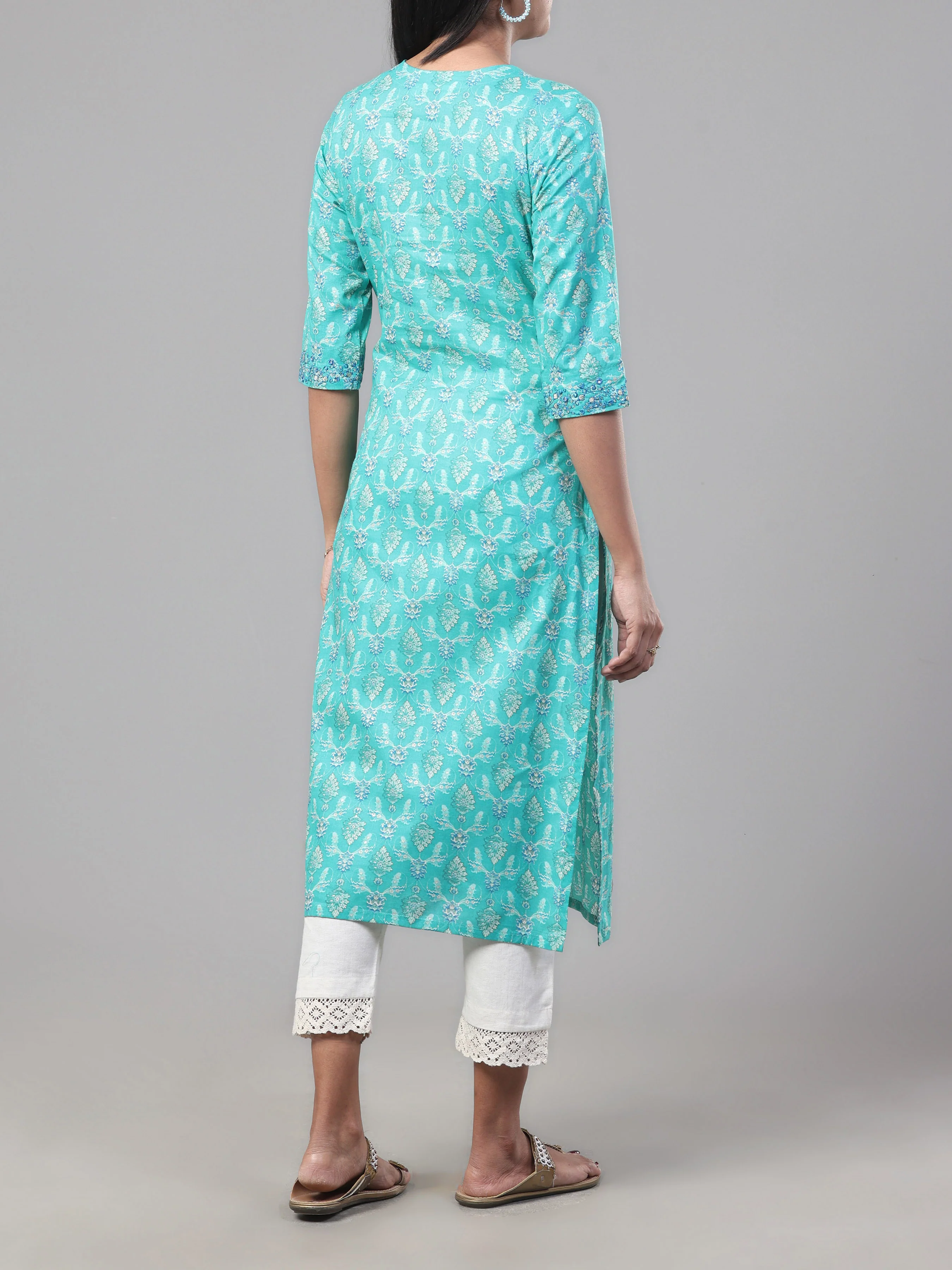 Aqua Blue Pure Cotton Printed Kurti With Embroidery - Image 5