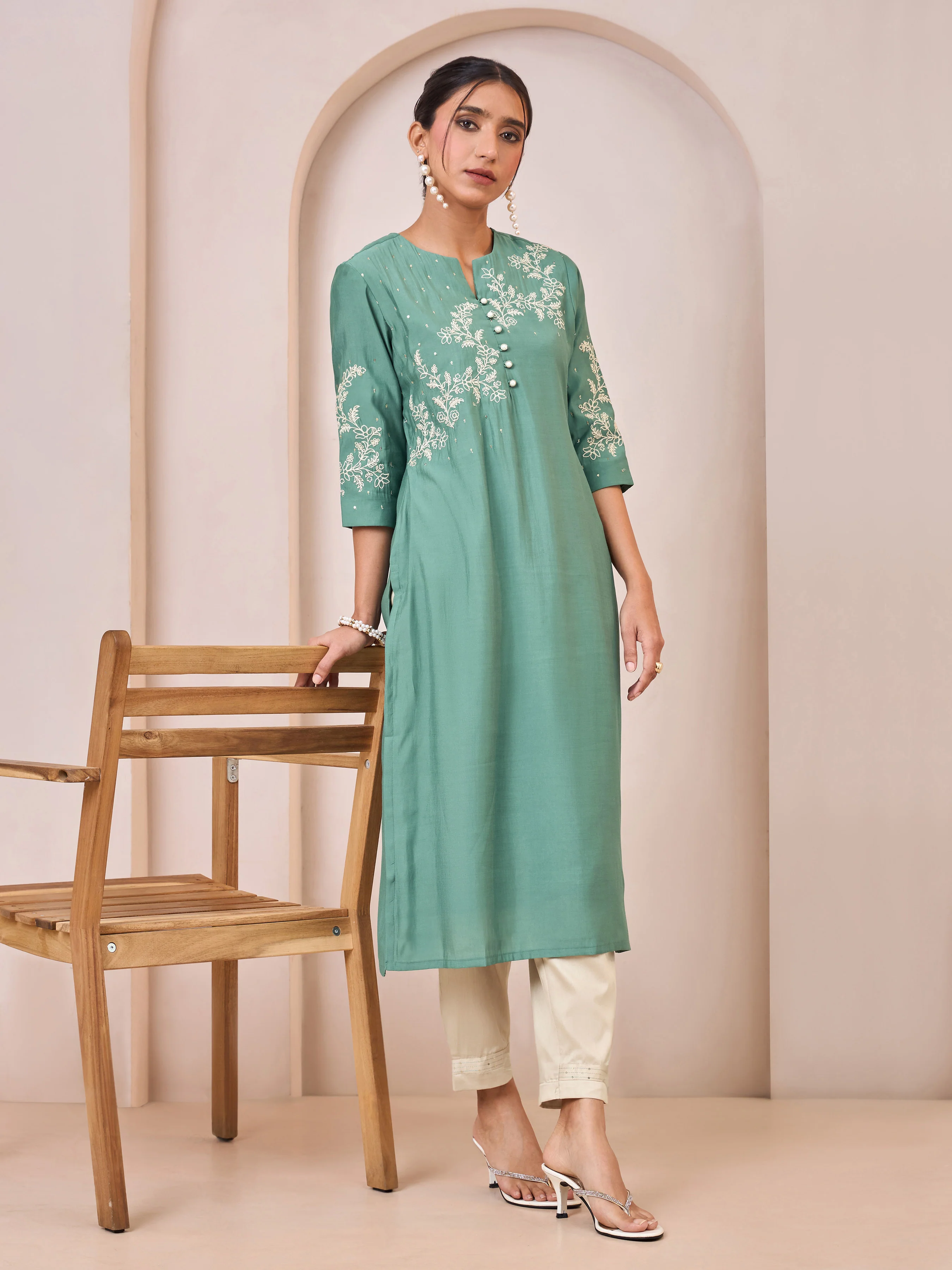 Aqua Blue Viscose Blend Kurti & Bottom With Sequins Embroidery - Image 3