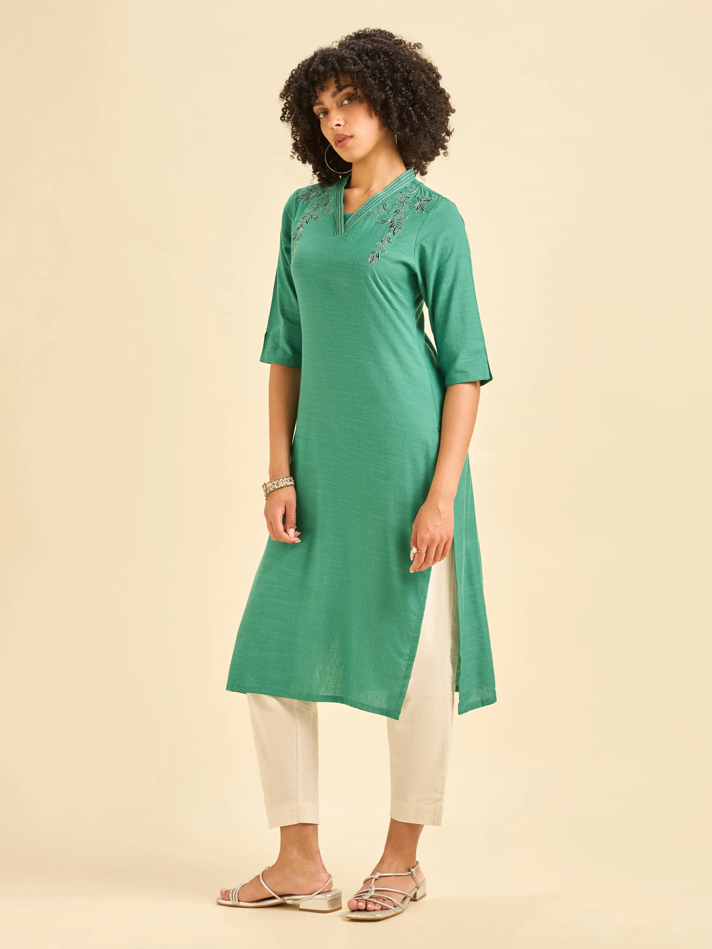 Aqua Green Cotton Viscose Flared Kurti With Embroidery - Image 6