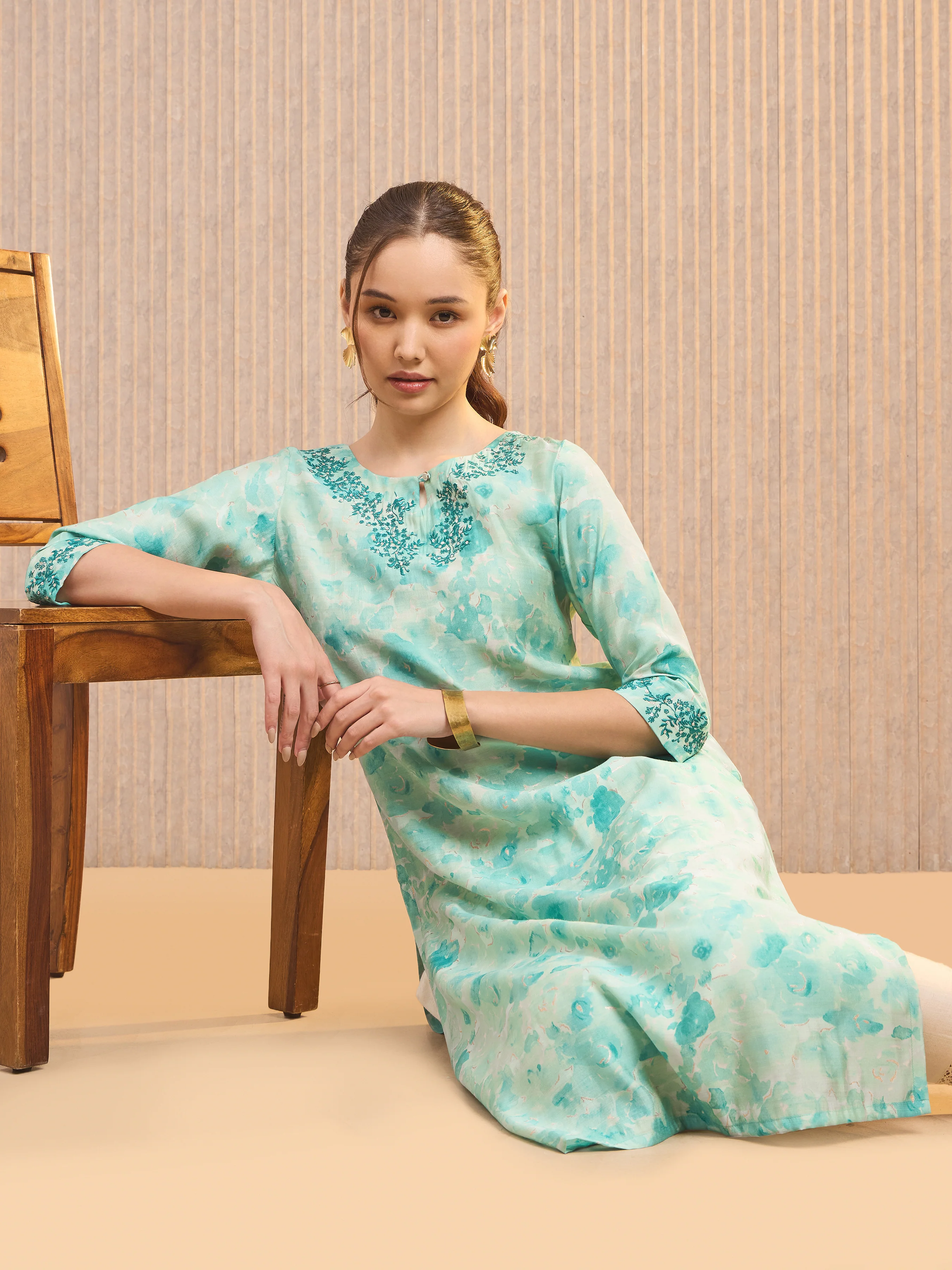 Aqua Green Modal Chanderi Foil Printed Kurti With Embroidery& Sequins Work - Image 3