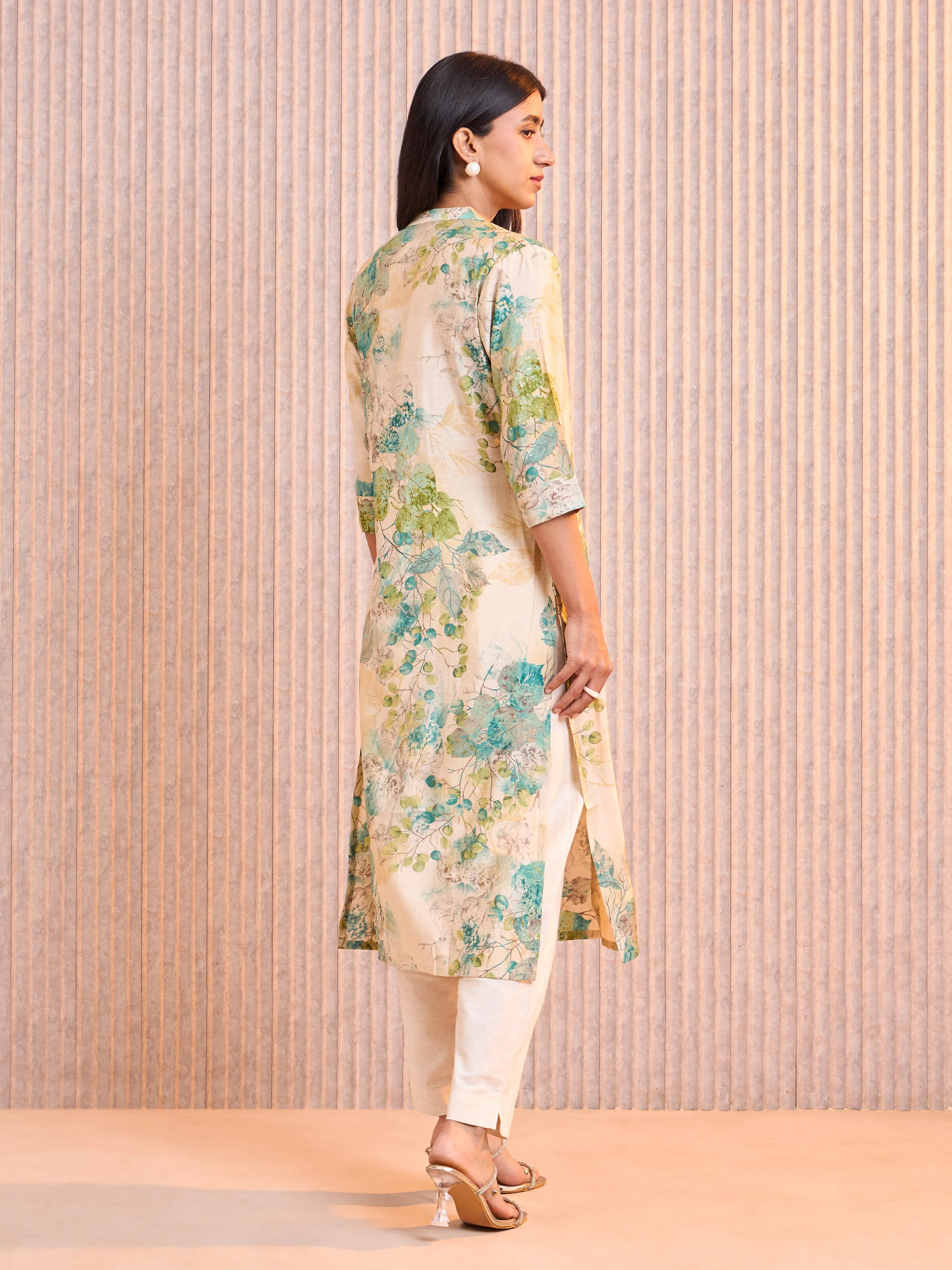Aqua Green Modal Chanderi Foil Printed Kurti With Princess Cut - Image 5