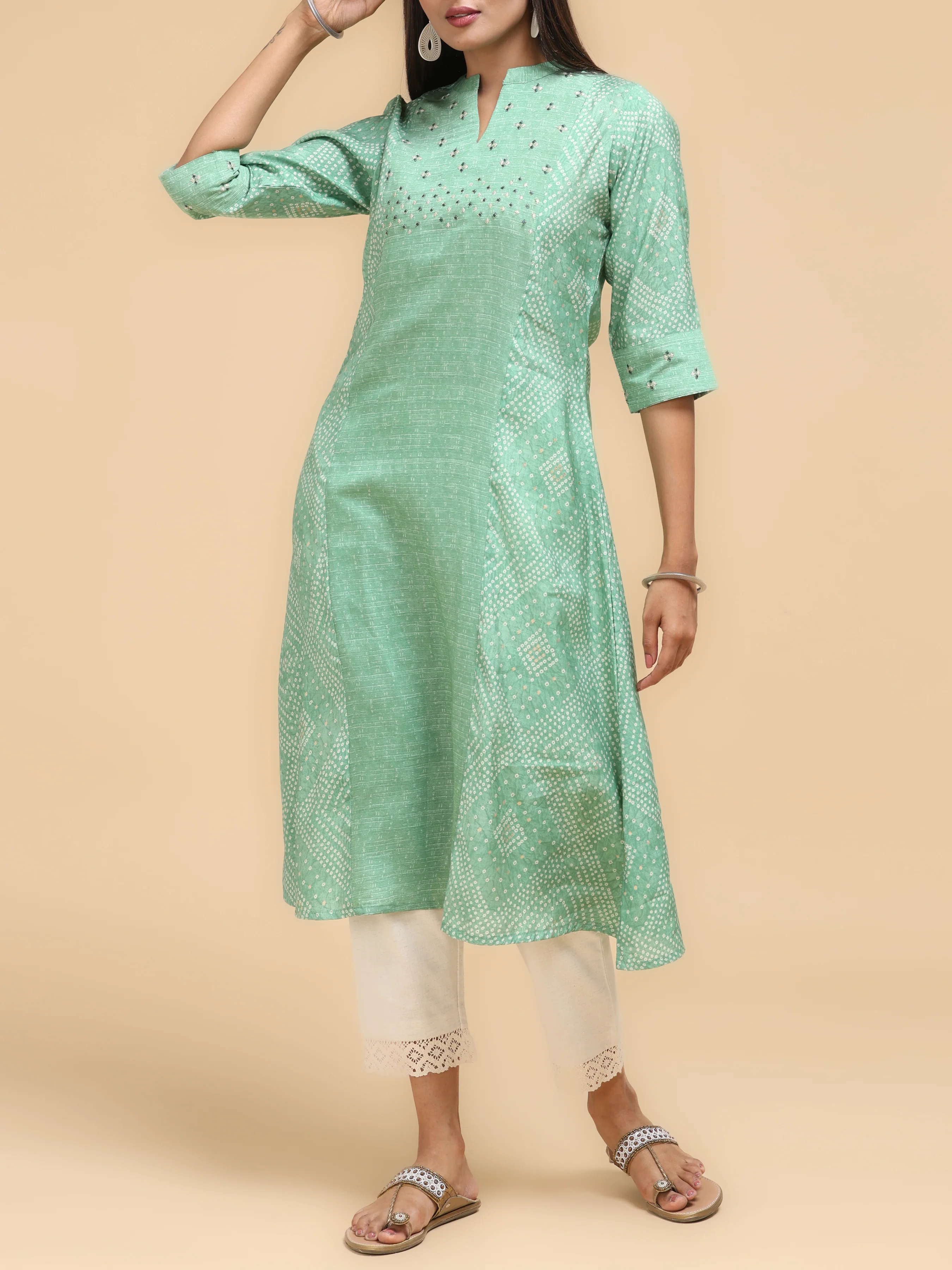 Aqua Green Modal Chanderi Kurti With Print - Image 3