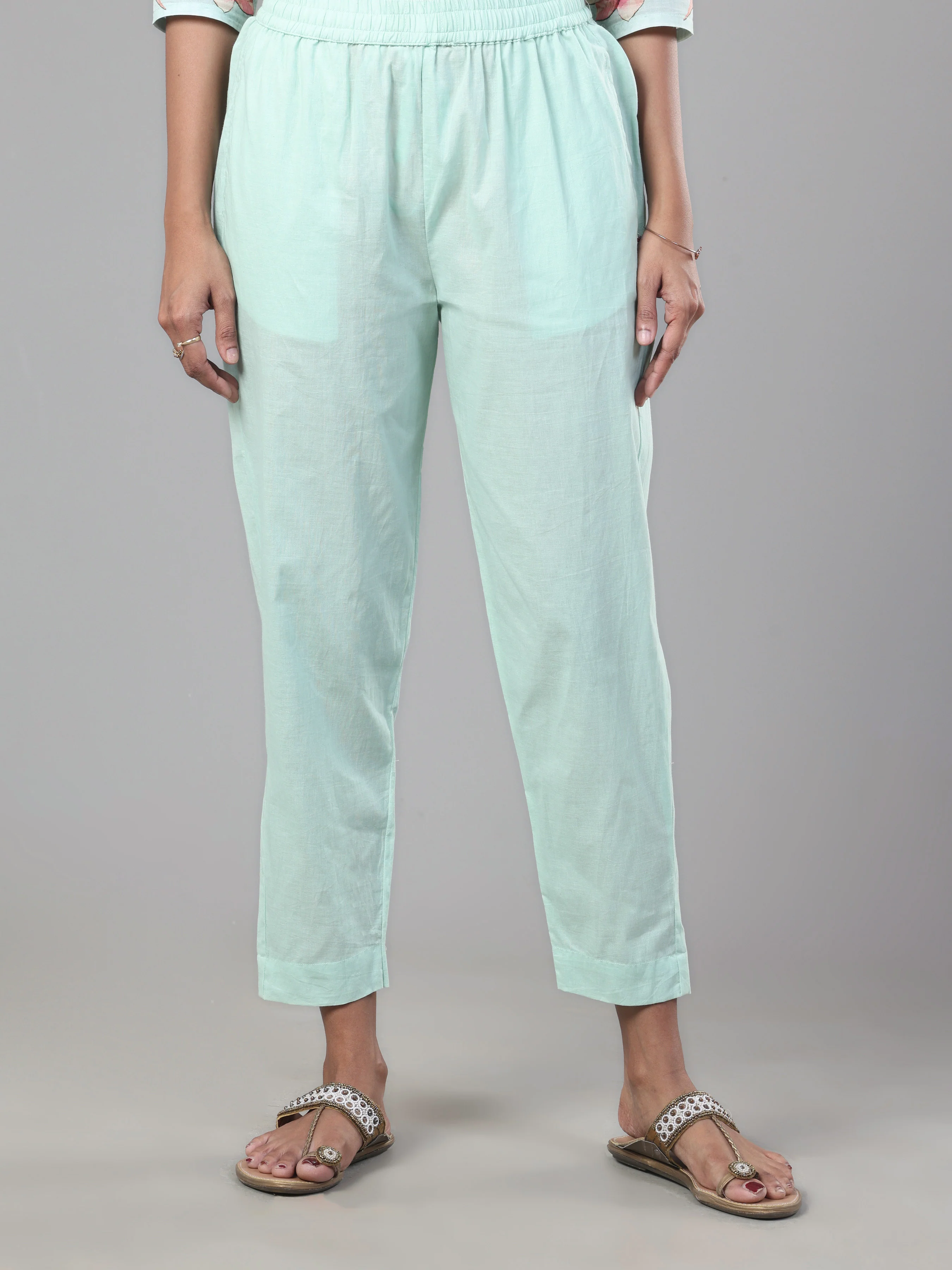 Aqua Green Pure Cotton Kurti Set & Dupatta With Hand Work - Image 5