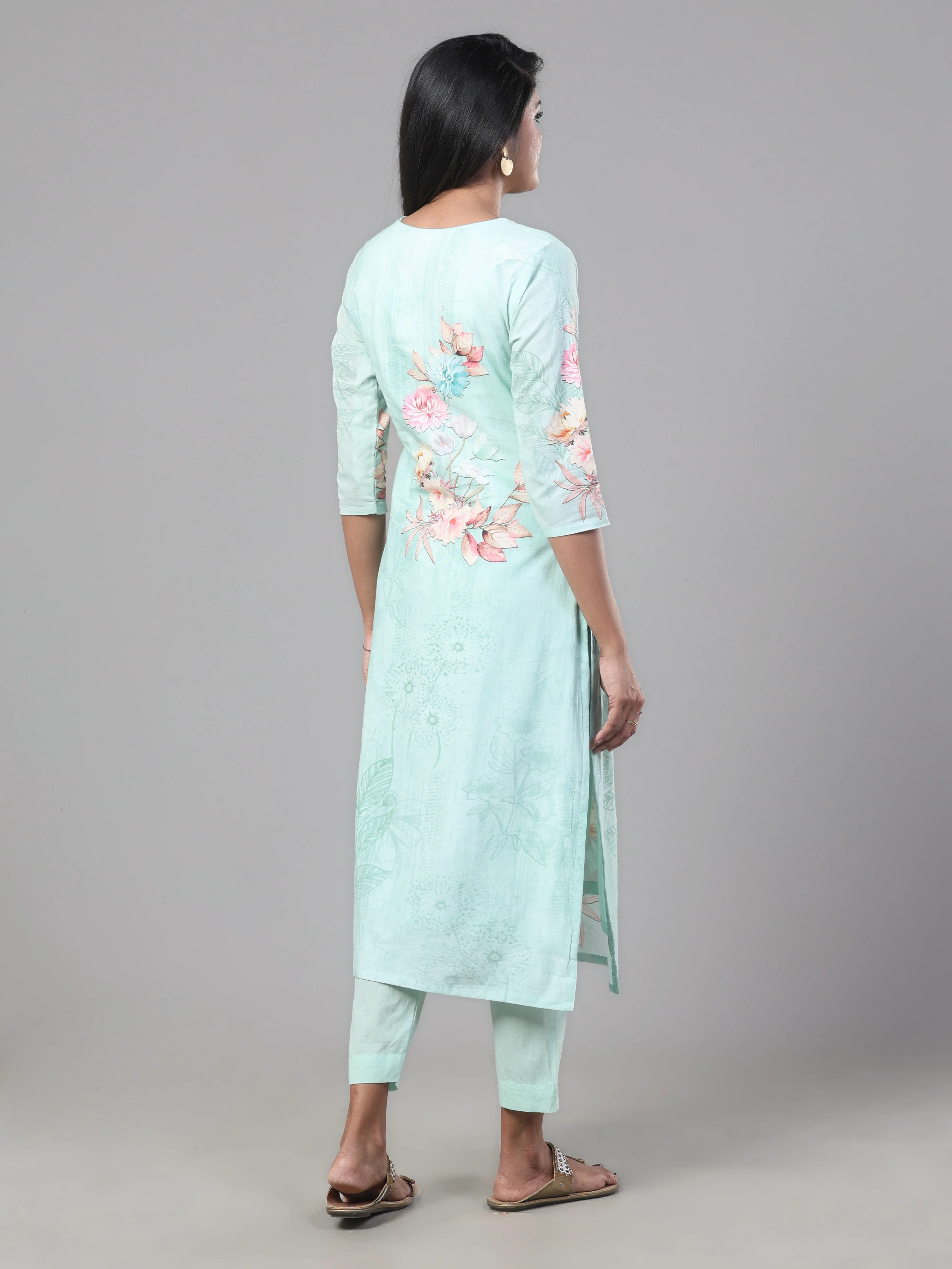 Aqua Green Pure Cotton Kurti Set & Dupatta With Hand Work - Image 6