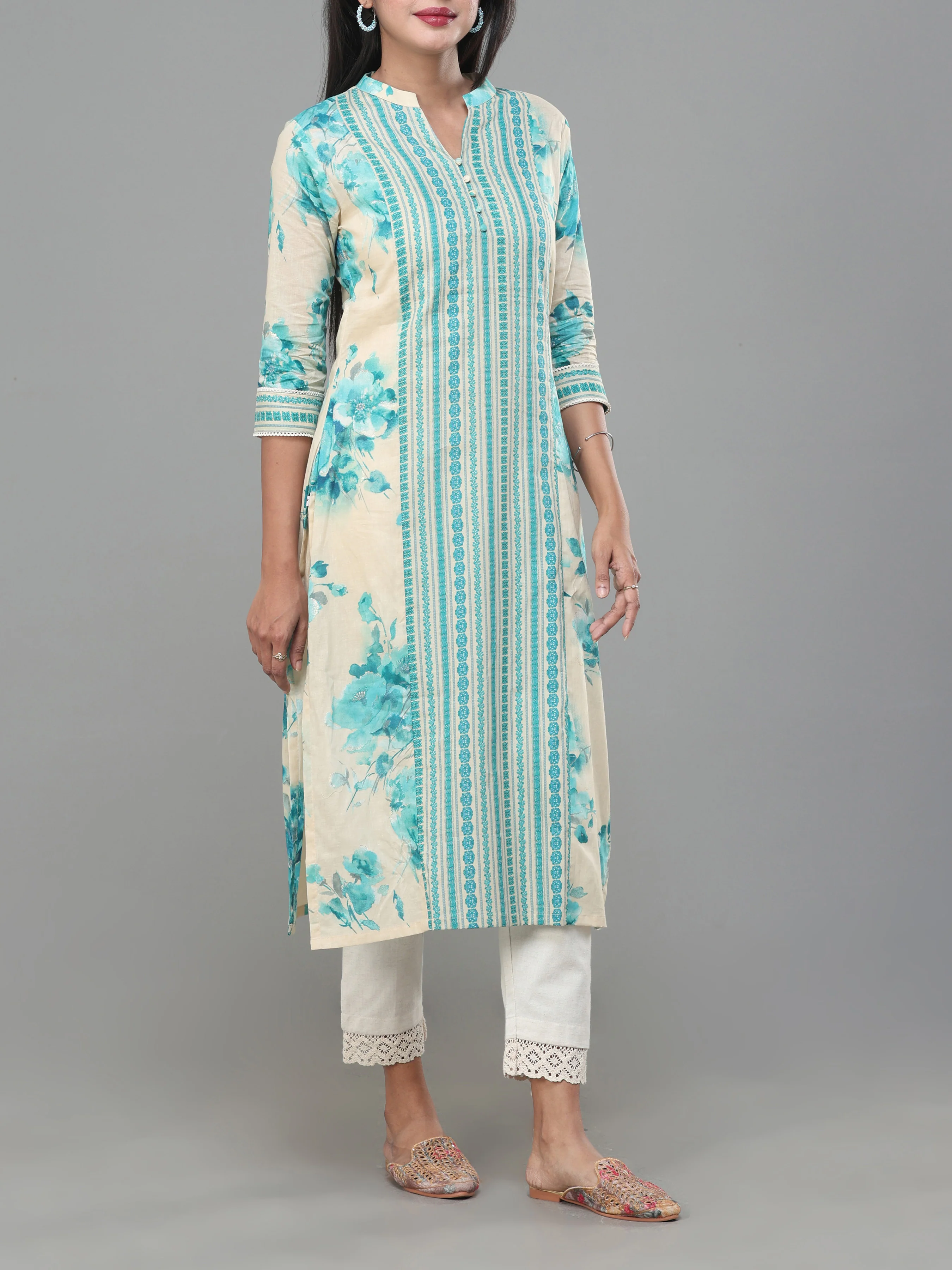 Beige And Blue Pure Cotton Printed Kurti With Center Cut - Image 3