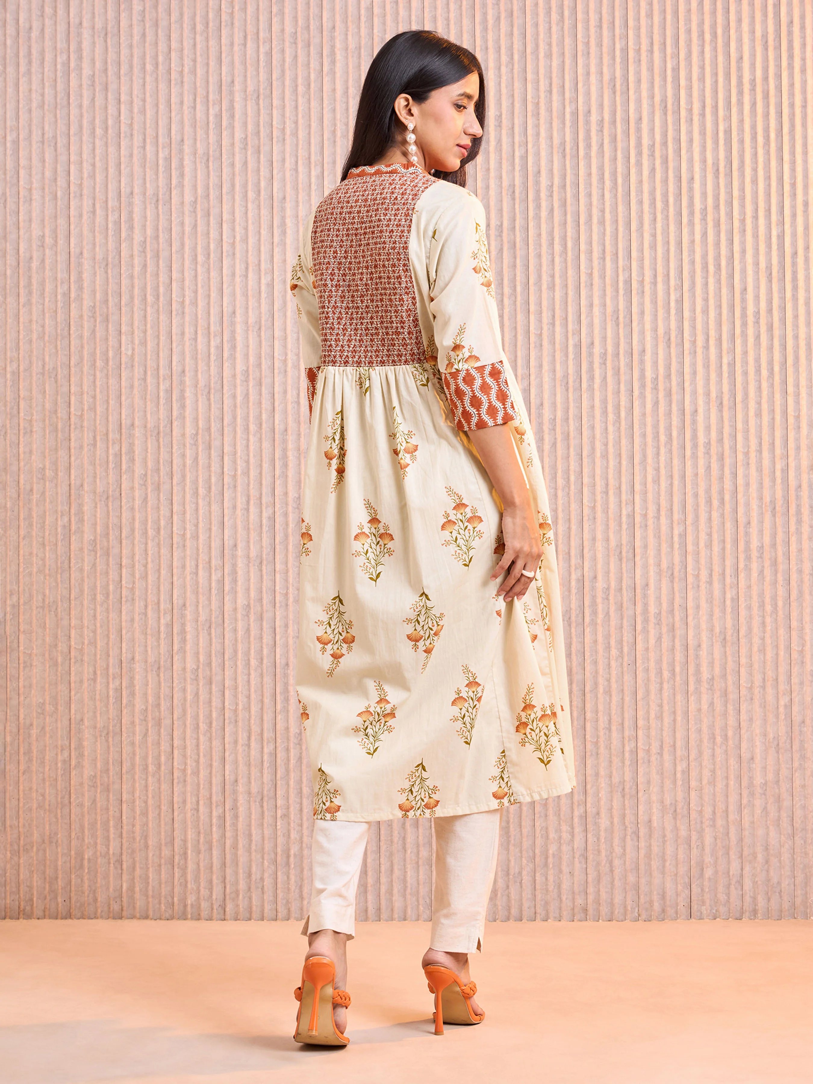 Beige Cotton Printed Kurti With Smocking Embroidery - Image 6
