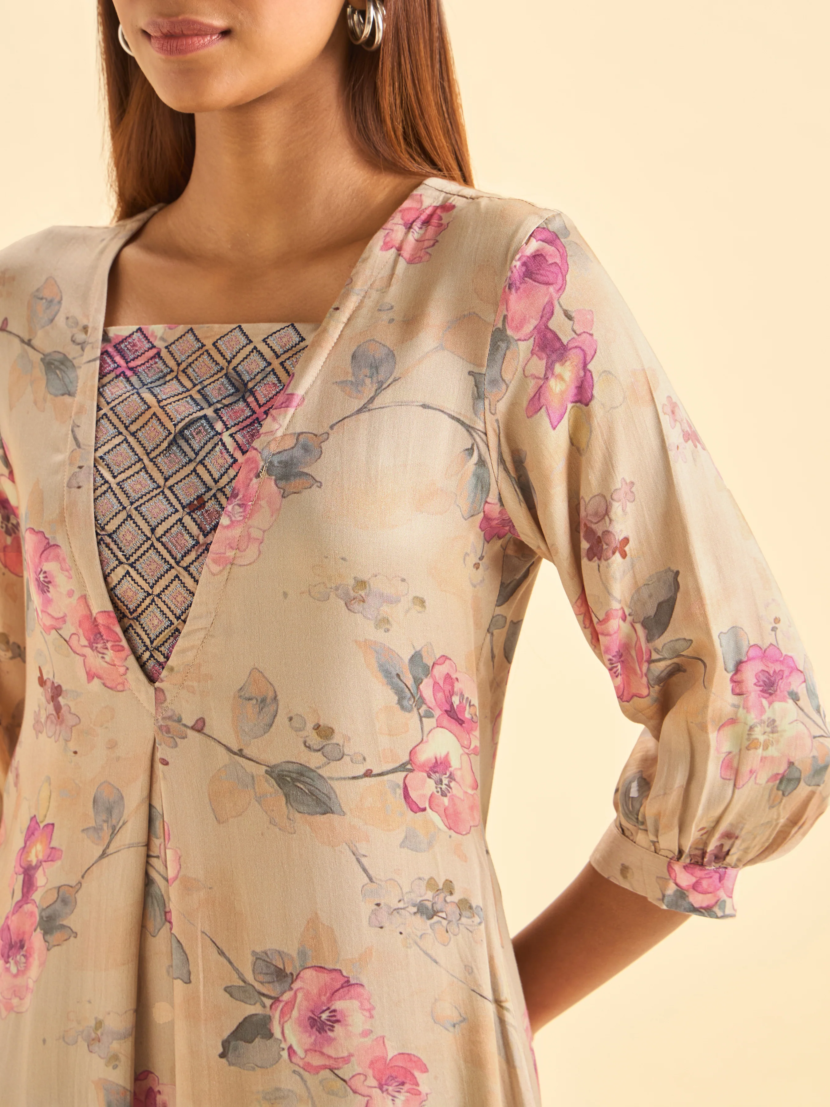 Beige Modal Satin Printed Flared Kurti - Image 2