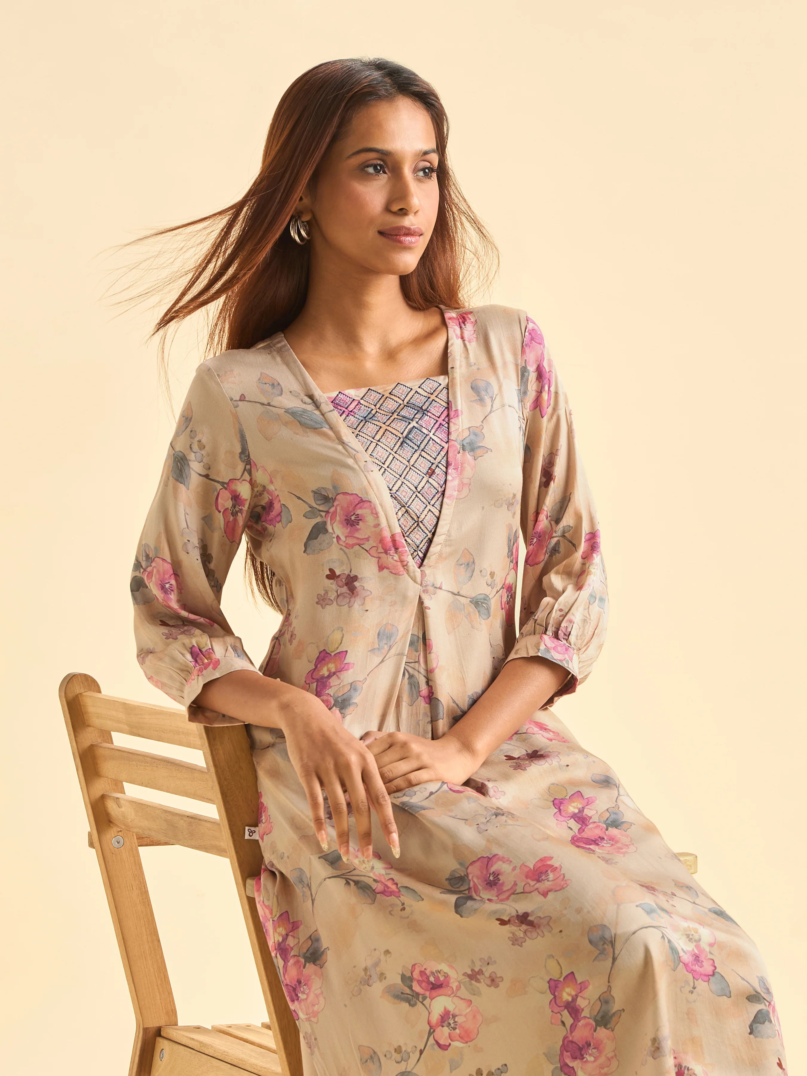 Beige Modal Satin Printed Flared Kurti - Image 3