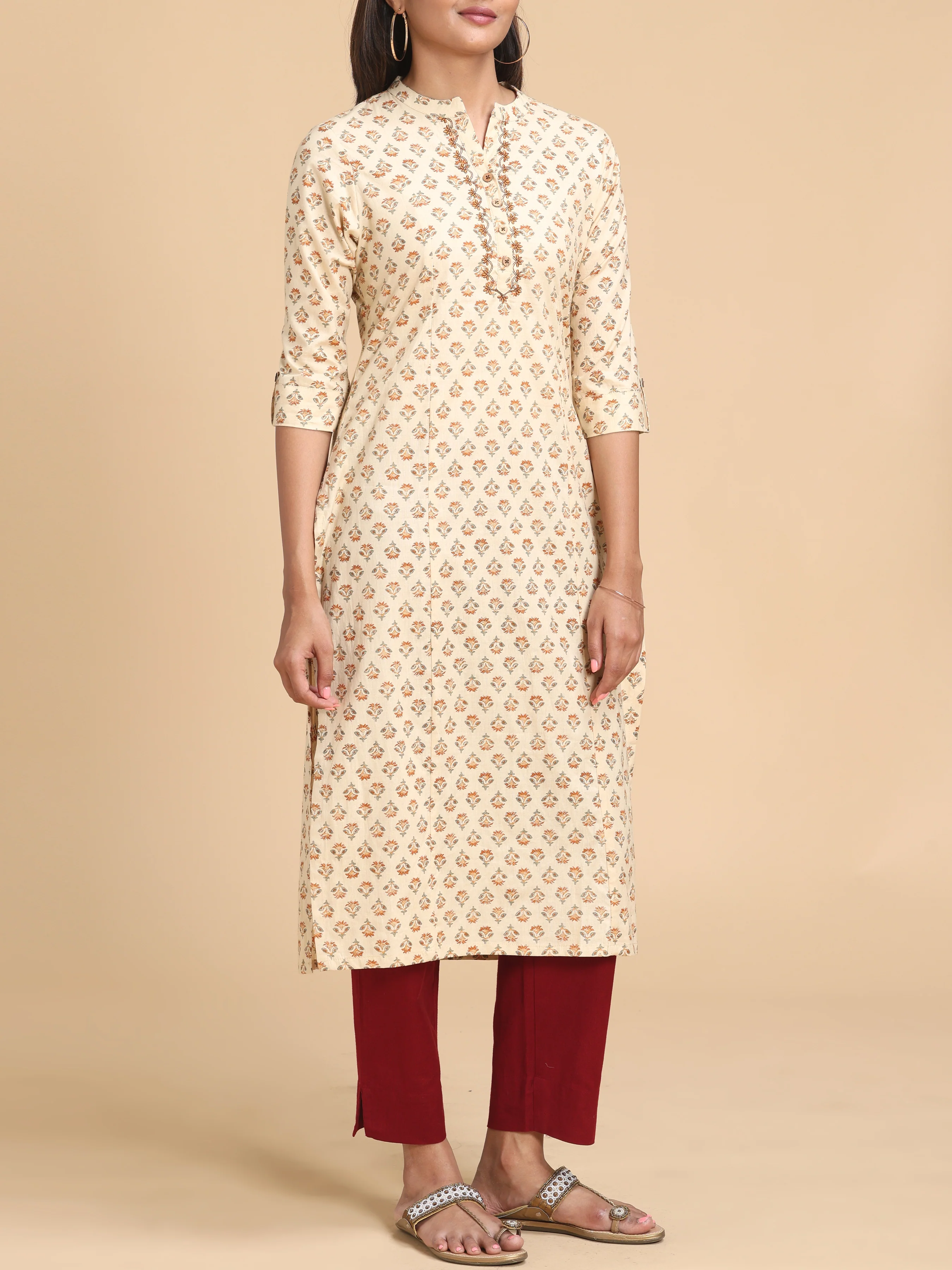 Beige Pure Cotton Printed Kurti - Image 4