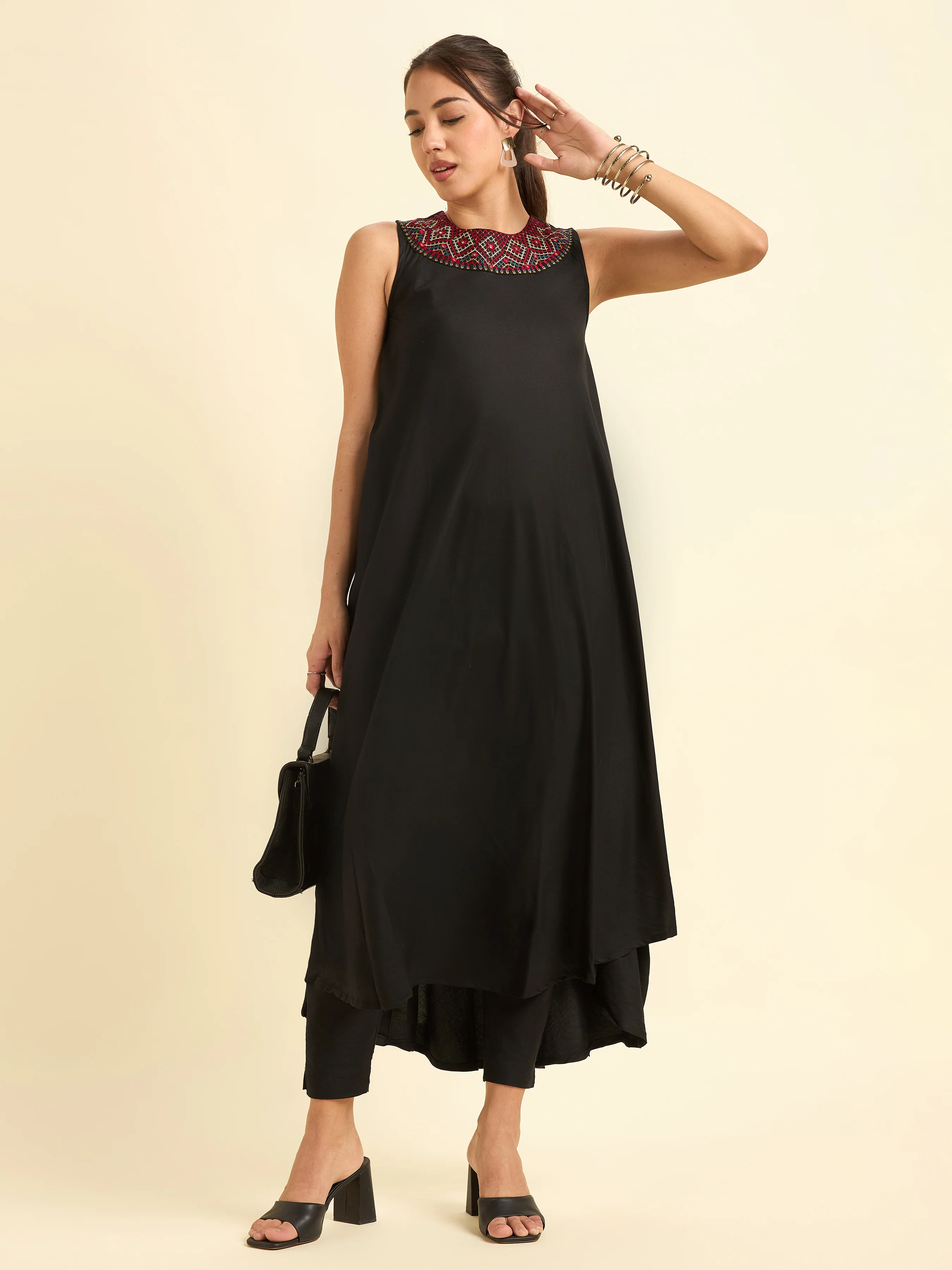 Black Colour Viscose Plain Flared Kurti With Mirror Work Embroidery - Image 5