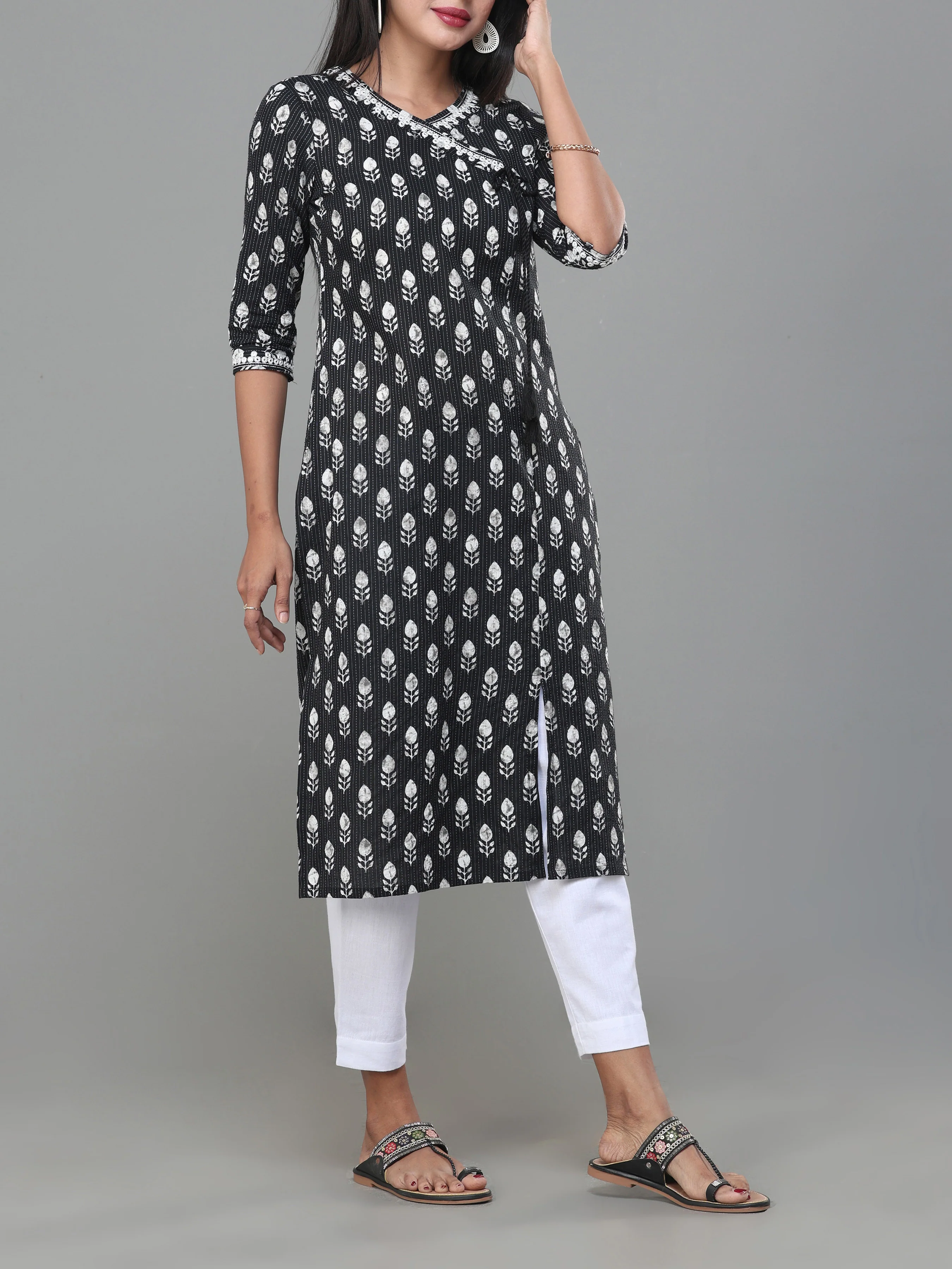 Black Cotton Dobby Printed Kurti With Embroidery - Image 3