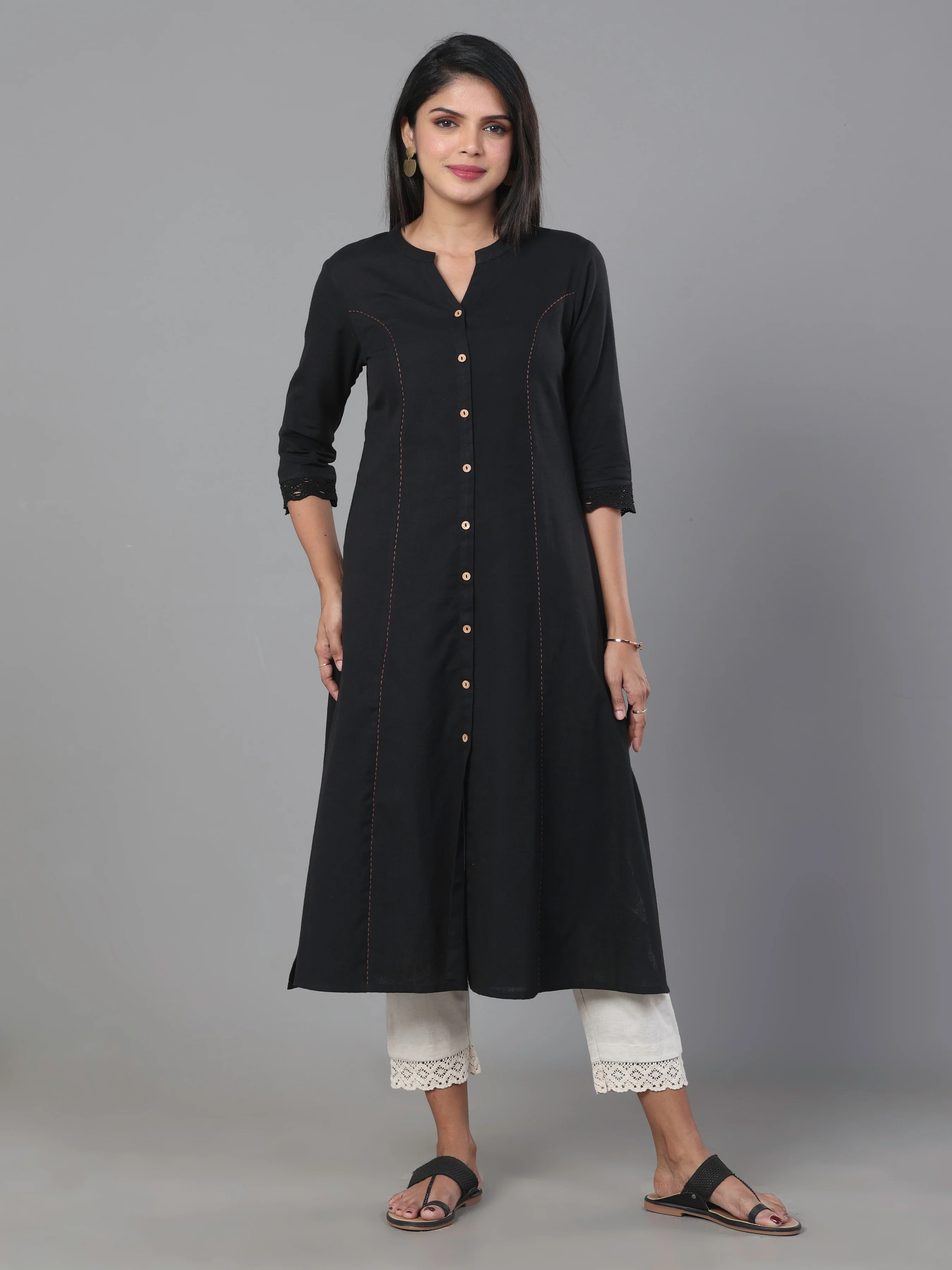 Black Cotton Flax Plain Kurti With Button Placket - Image 3