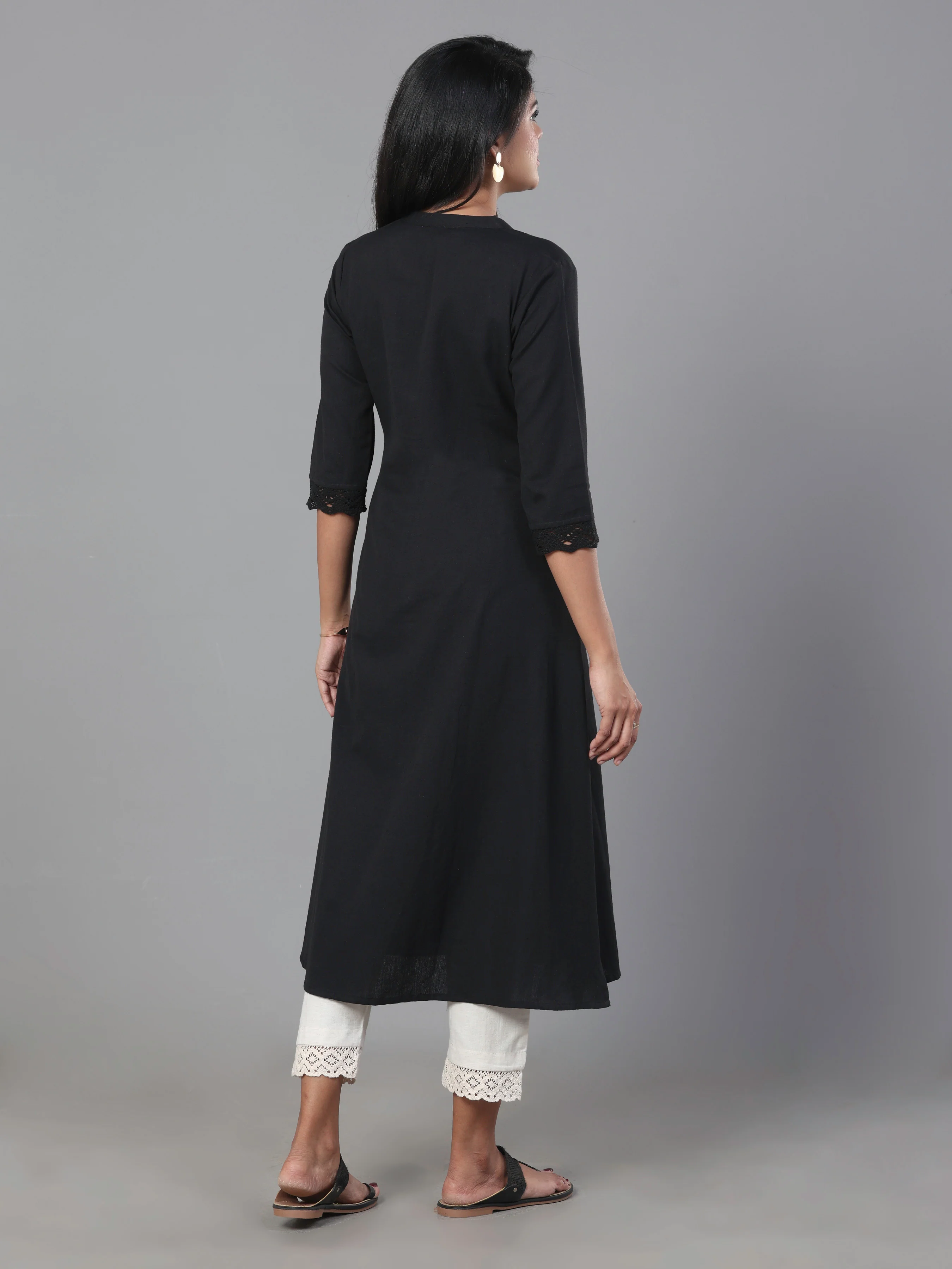 Black Cotton Flax Plain Kurti With Button Placket - Image 4