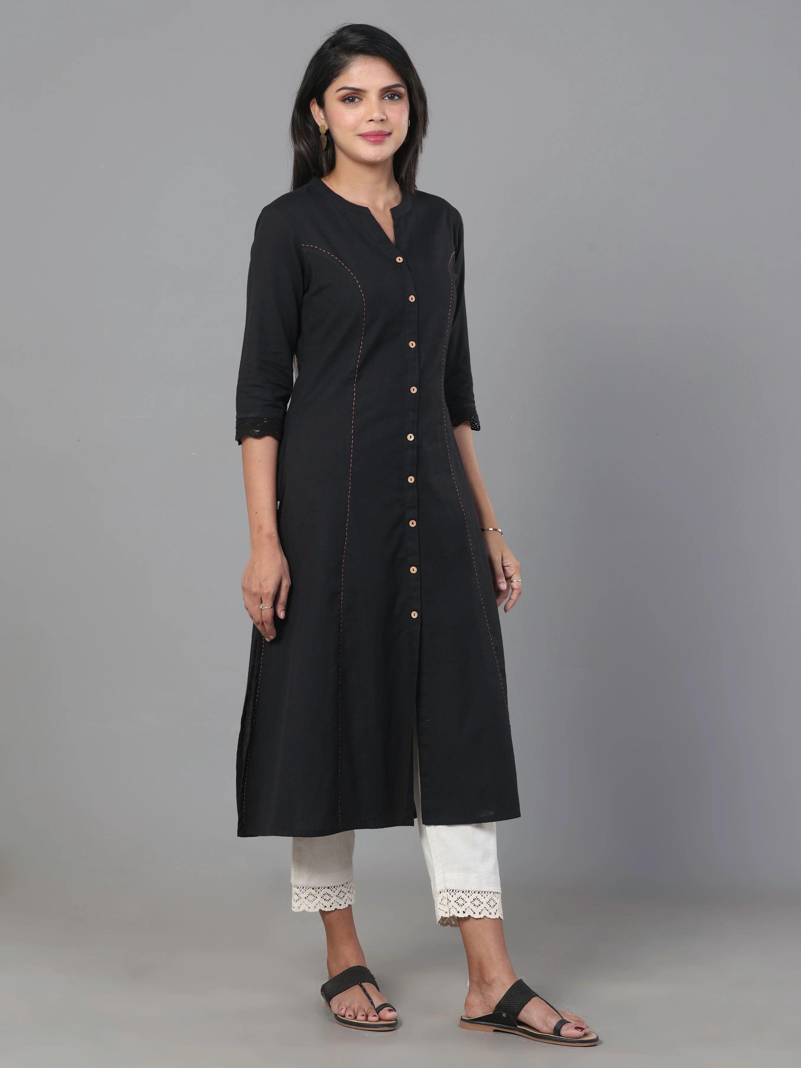 Black Cotton Flax Plain Kurti With Button Placket - Image 5