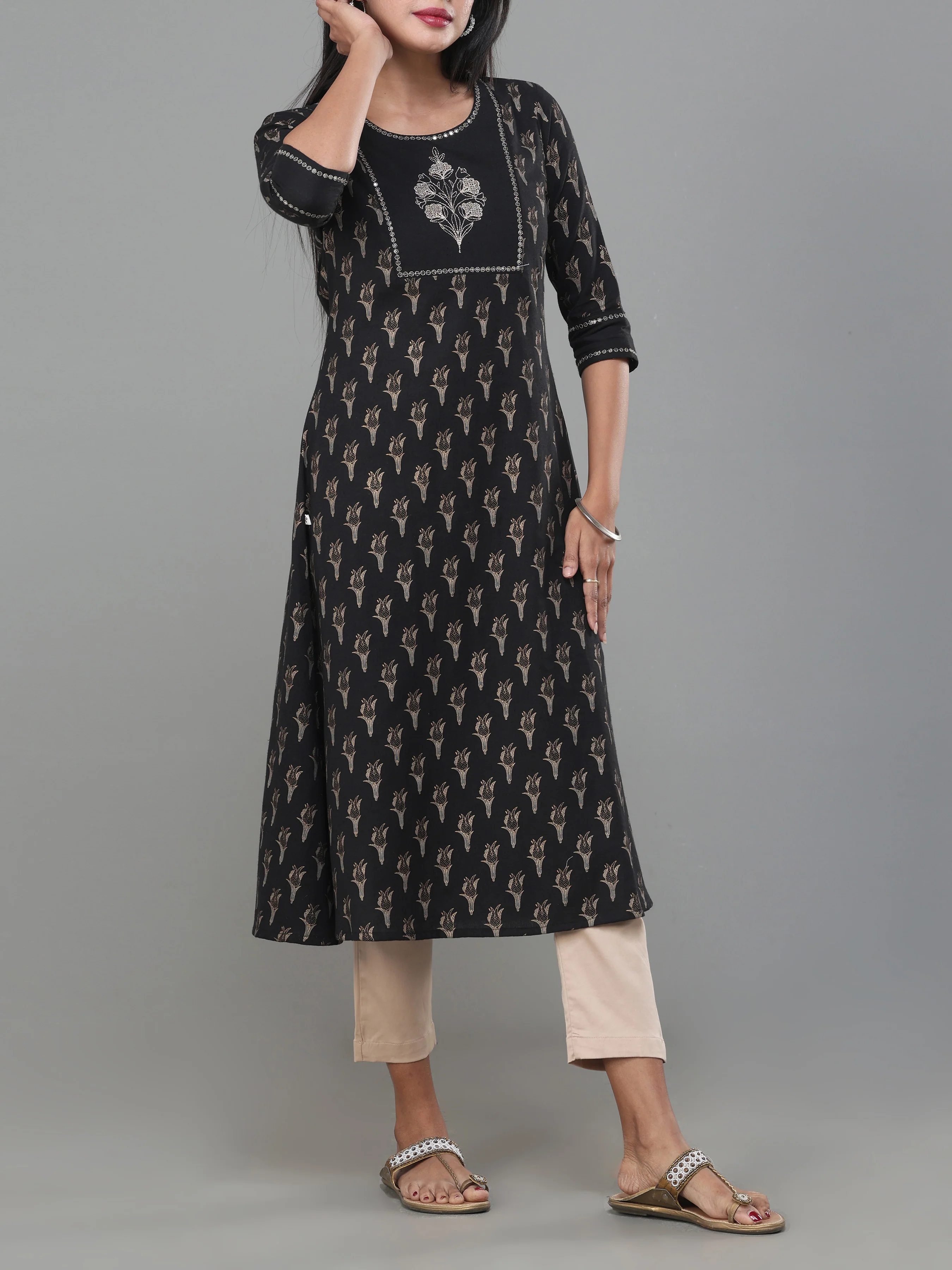 Black Cotton Flax Printed Kurti With Embroidery - Image 3