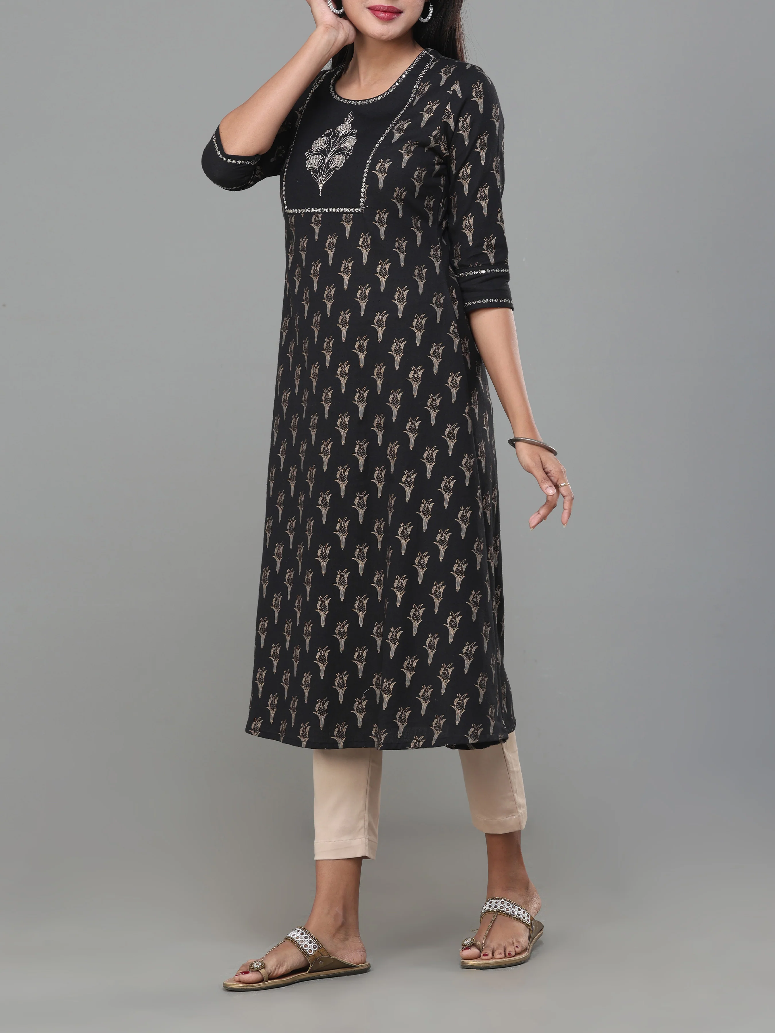 Black Cotton Flax Printed Kurti With Embroidery - Image 4