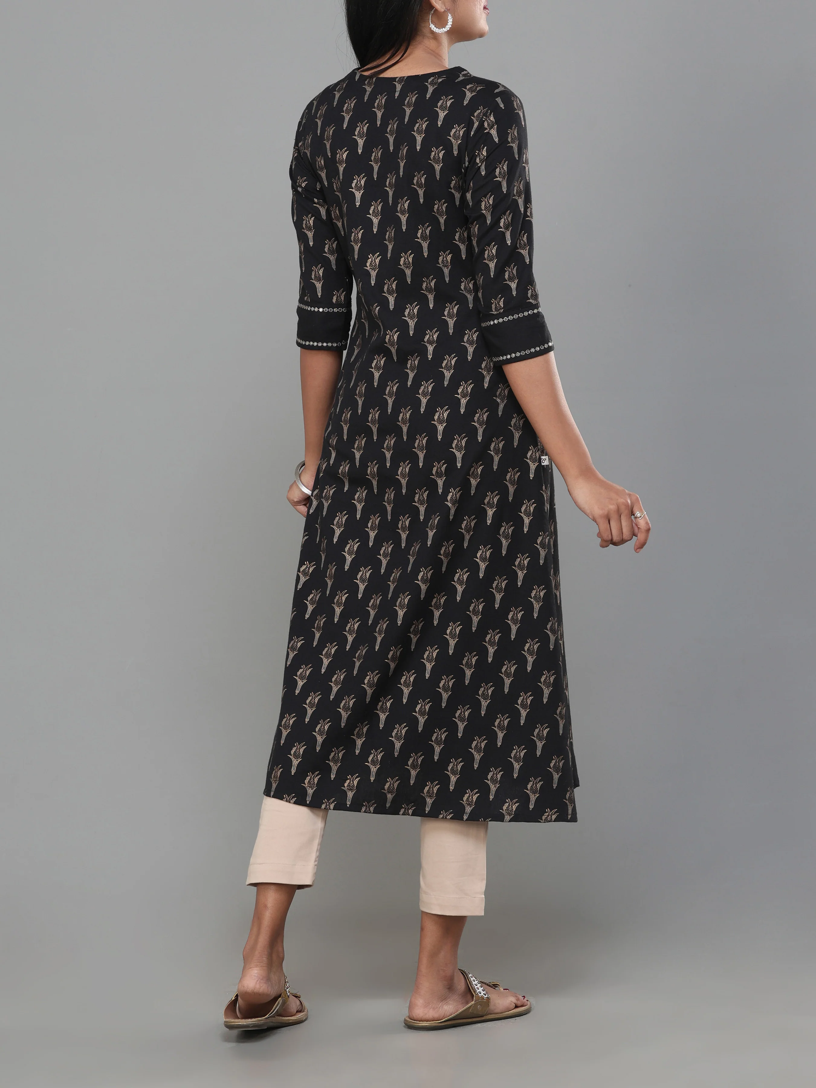 Black Cotton Flax Printed Kurti With Embroidery - Image 5