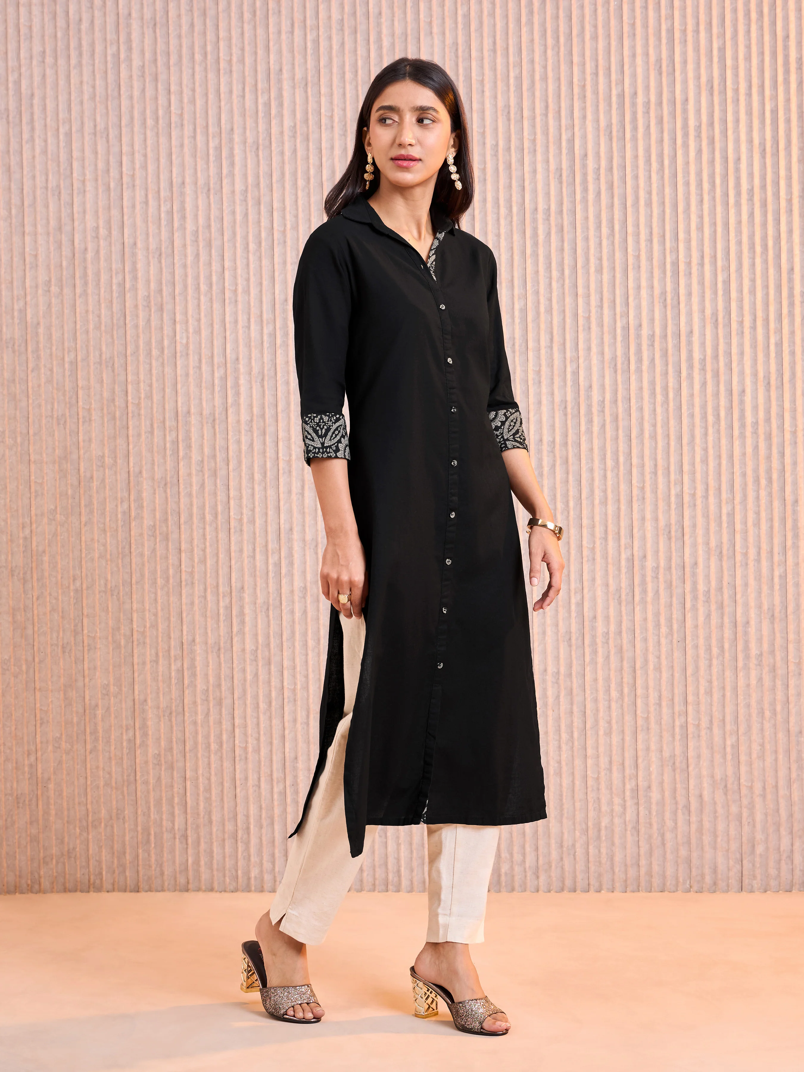 Black Cotton Flax Printed Kurti With Embroidery - Image 4