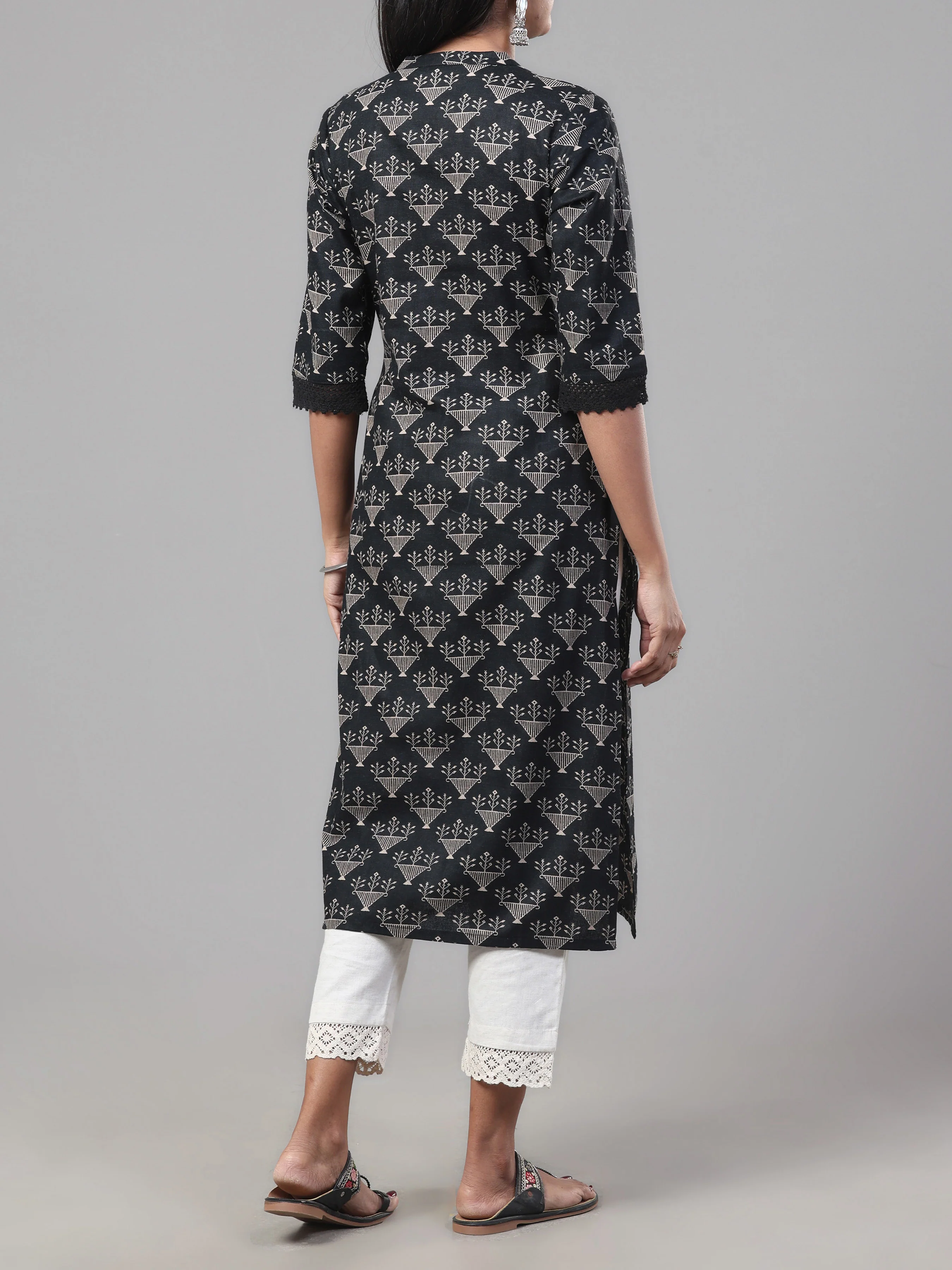 Black Cotton Flax Printed Kurti With Lace Detailing - Image 5