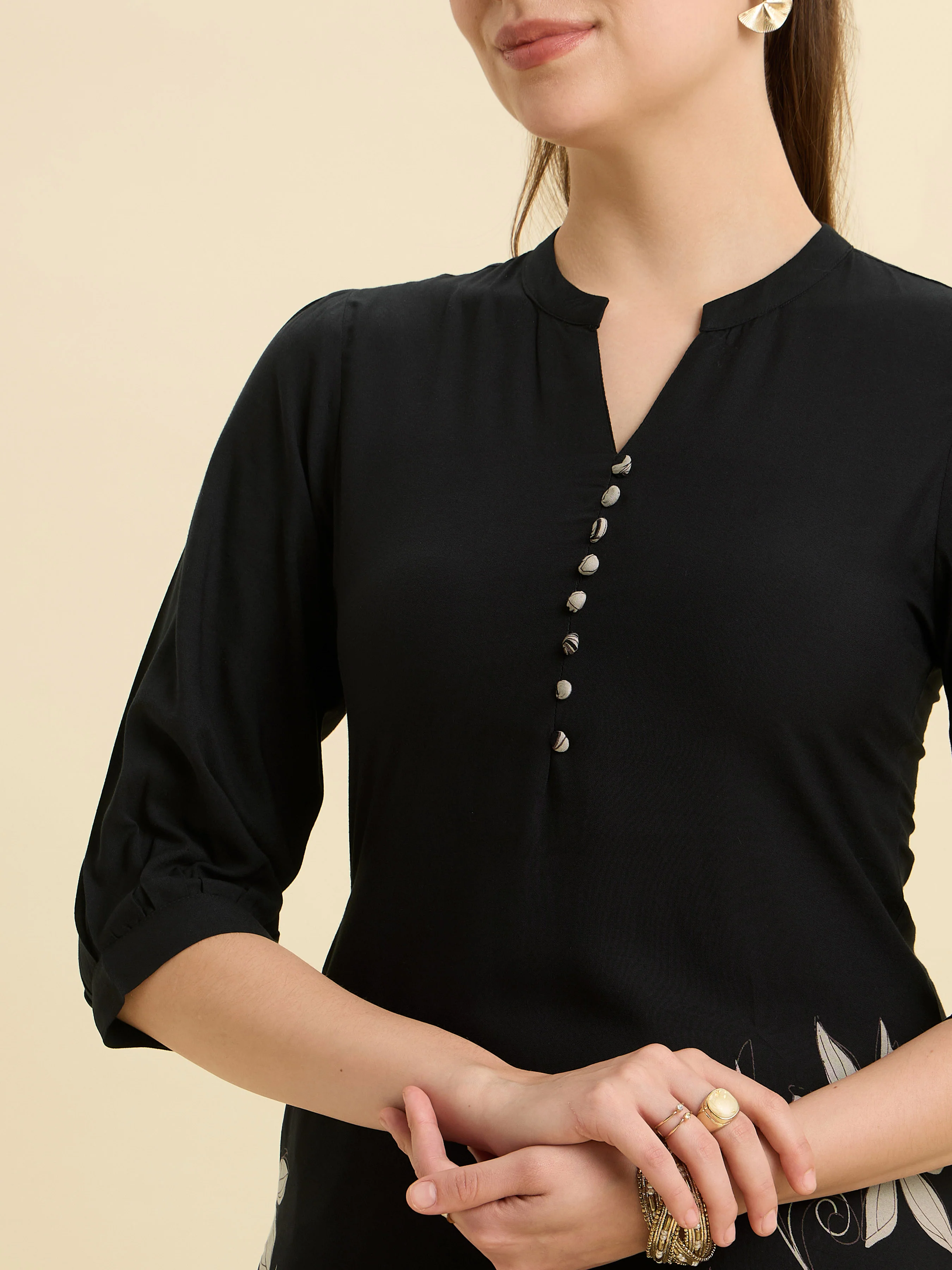 Black Flared Up And Down Printed Kurti - Image 2