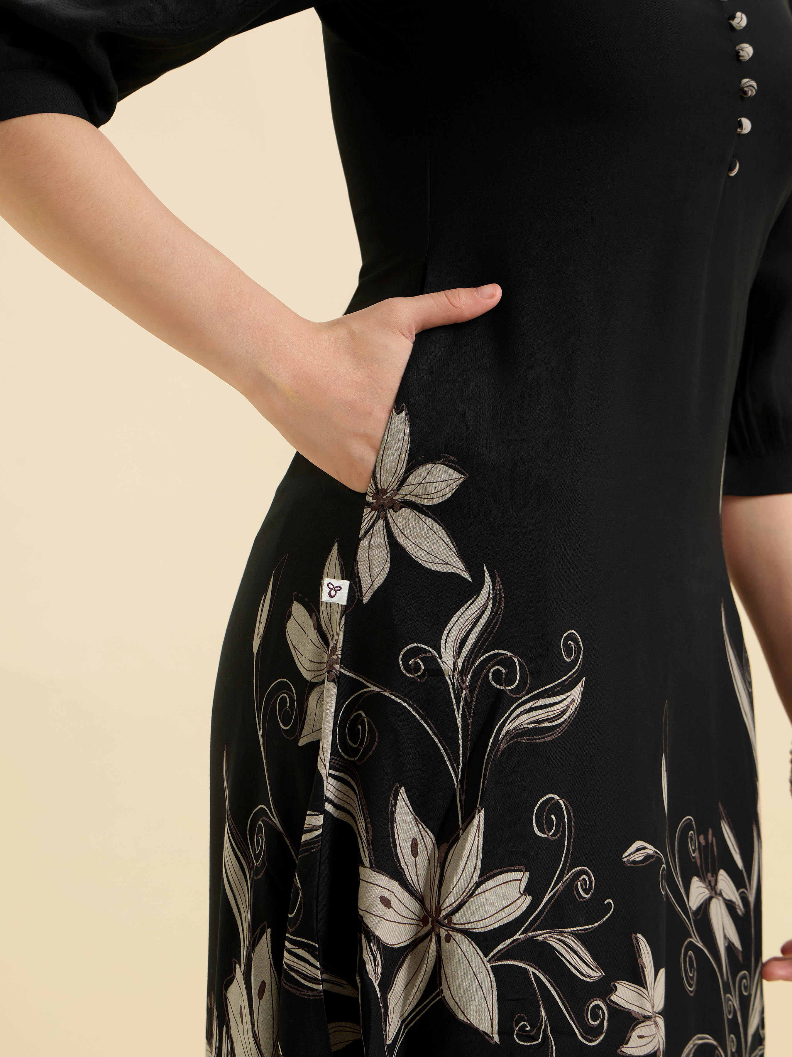 Black Flared Up And Down Printed Kurti - Image 3