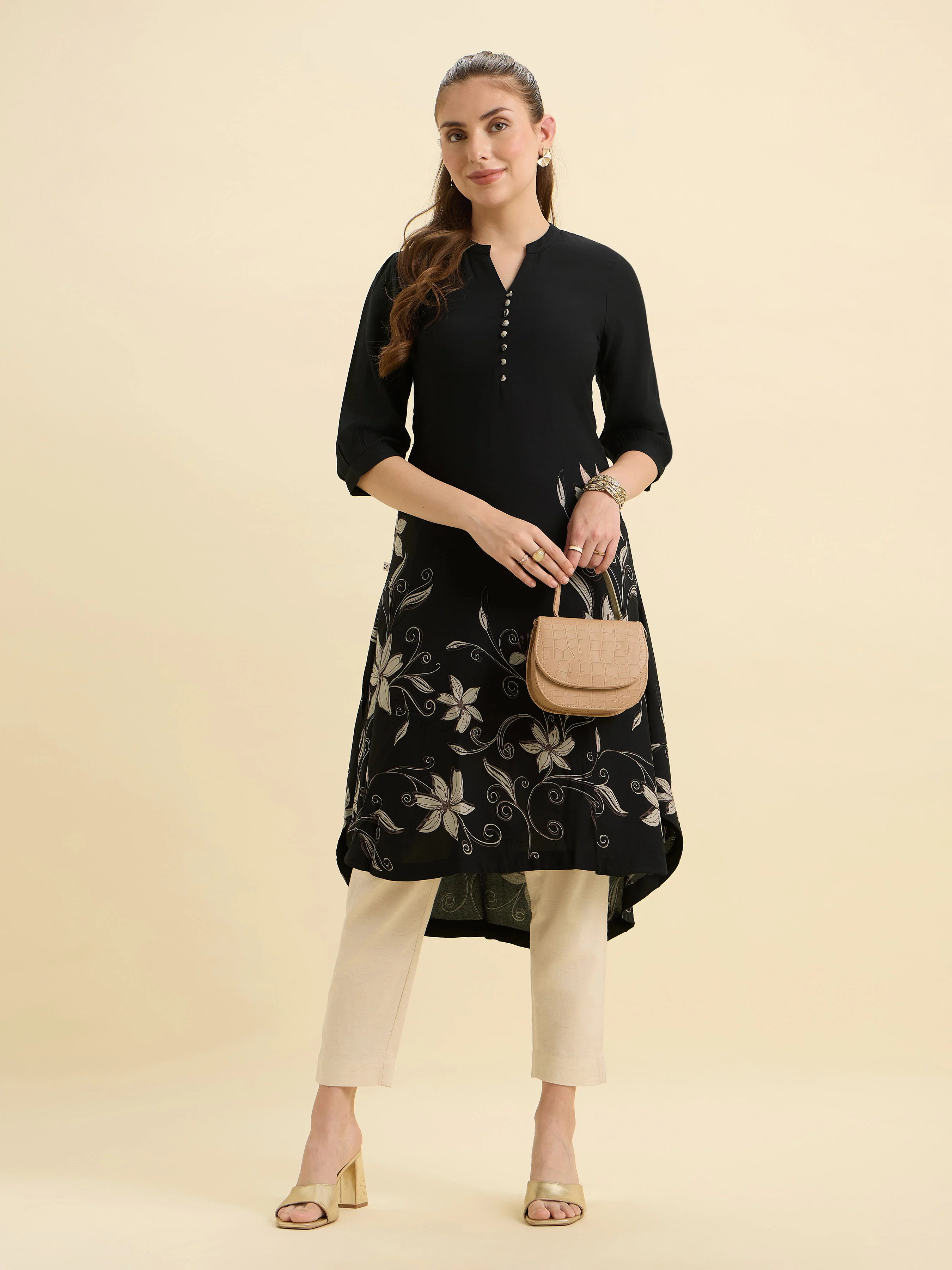 Black Flared Up And Down Printed Kurti - Image 5