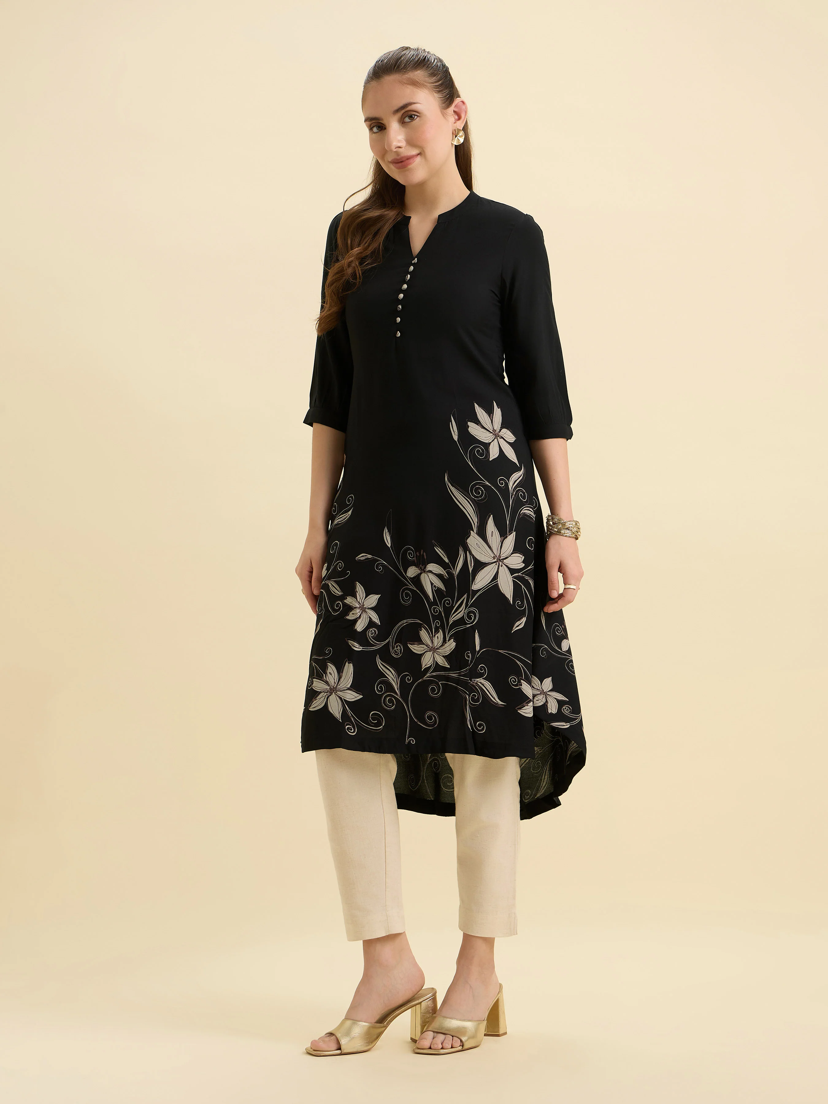 Black Flared Up And Down Printed Kurti - Image 6