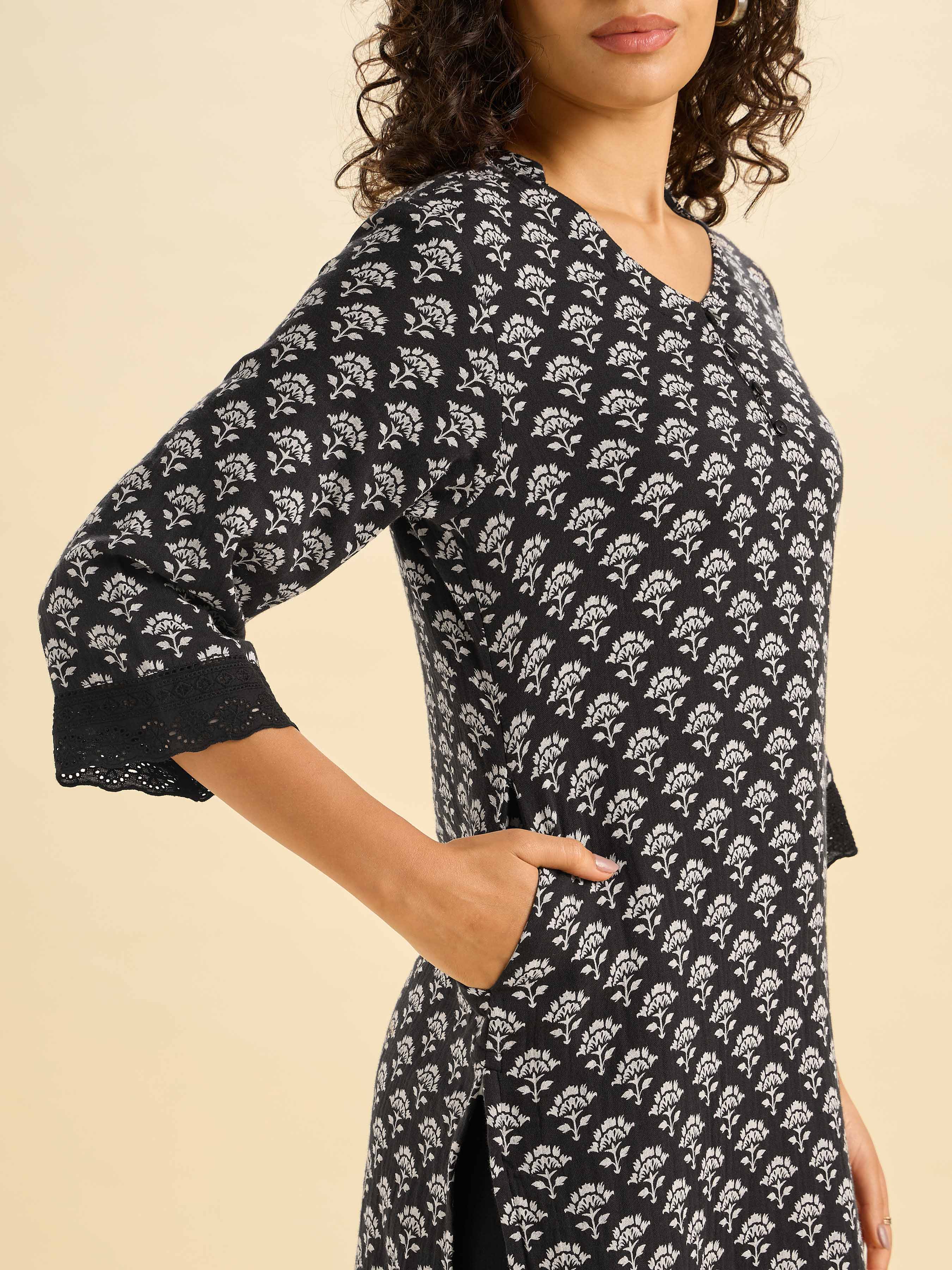 Black Grey Cotton Double Cloth Printed Slitted Kurti With Lace - Image 3