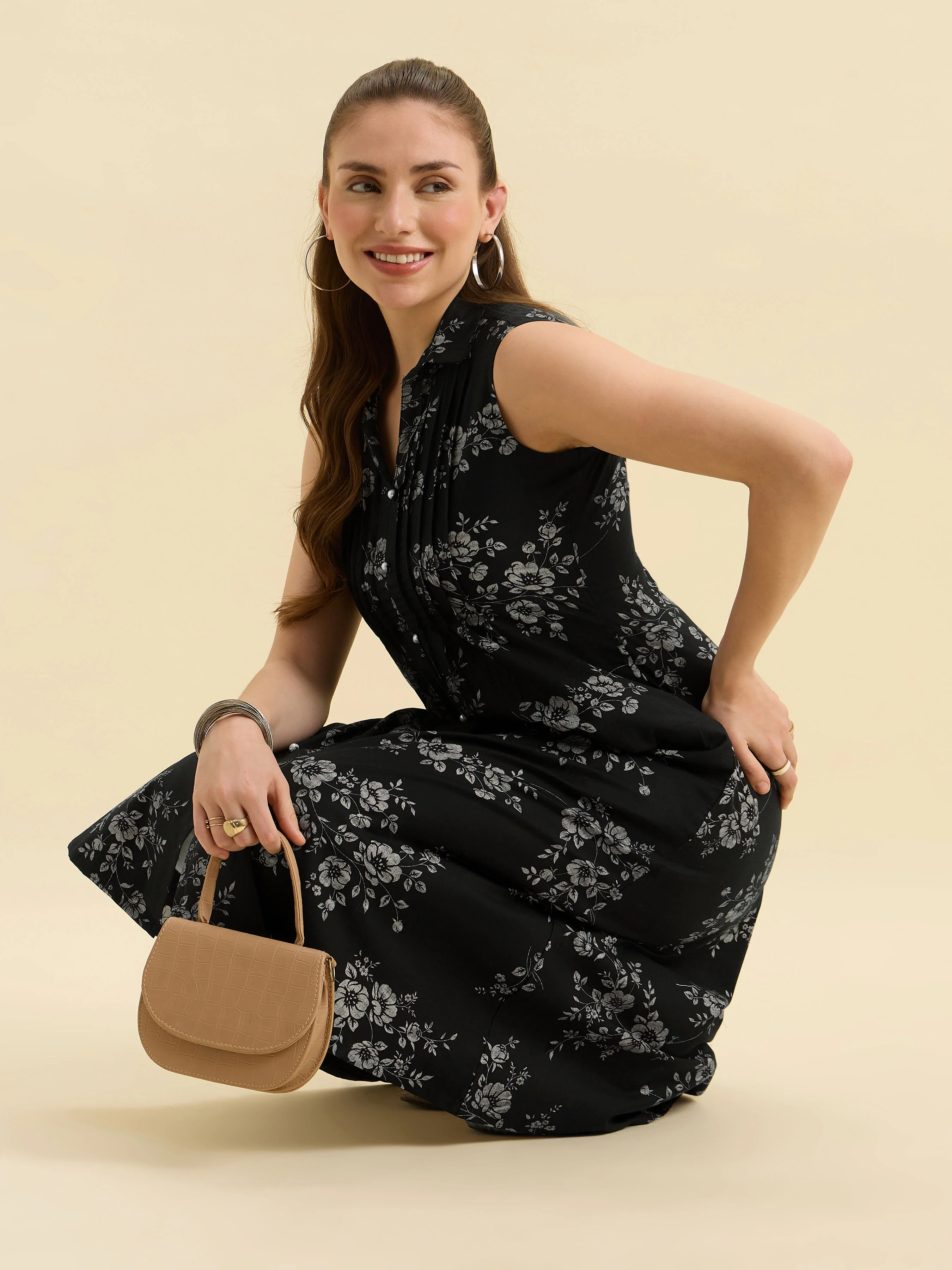 Black Ivory Cotton Satin Printed Flared Kurti With Pleats - Image 6