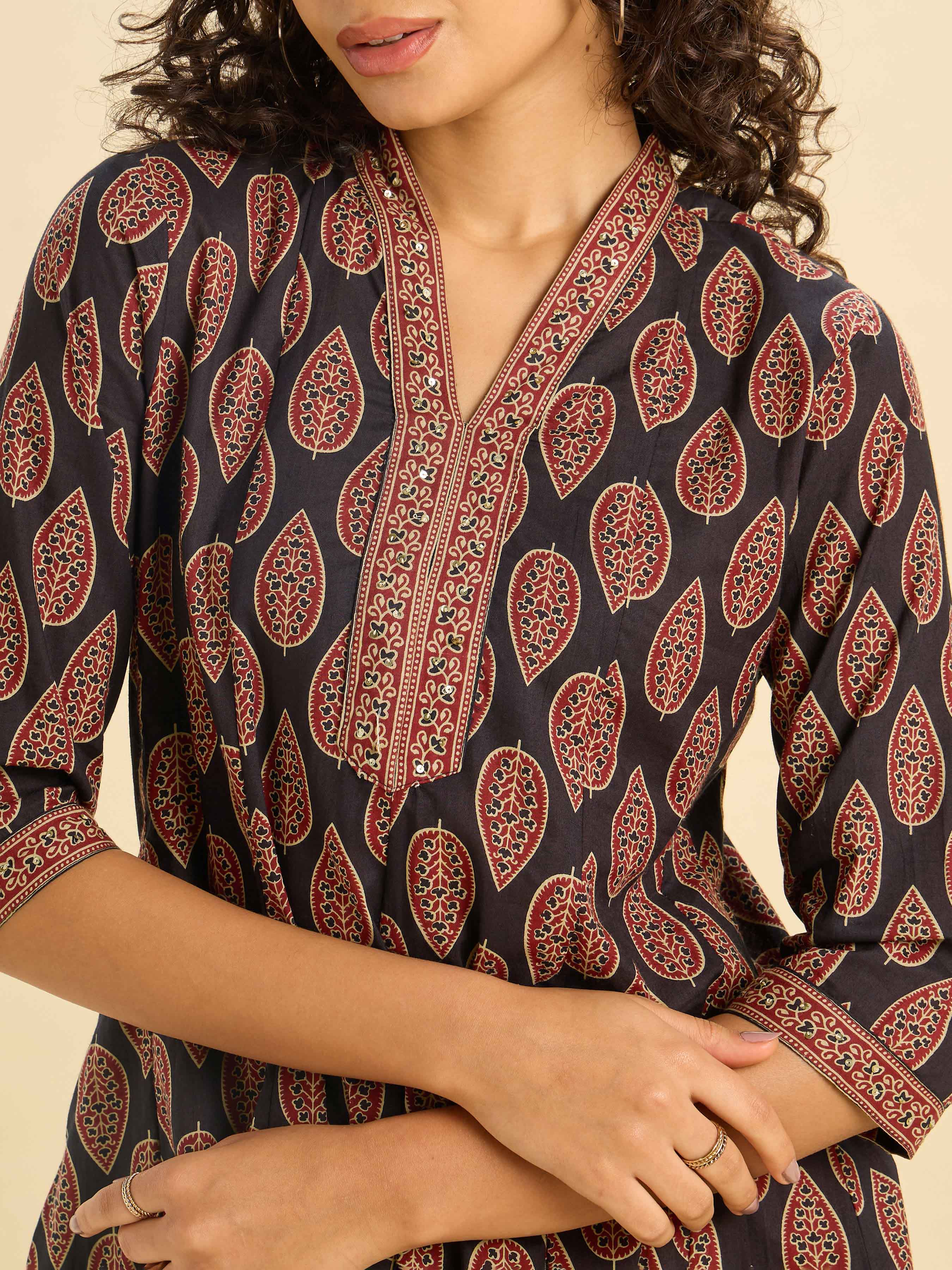 Black Multi Cotton Printed Flared Kalicut Kurti With Sequins Work - Image 3