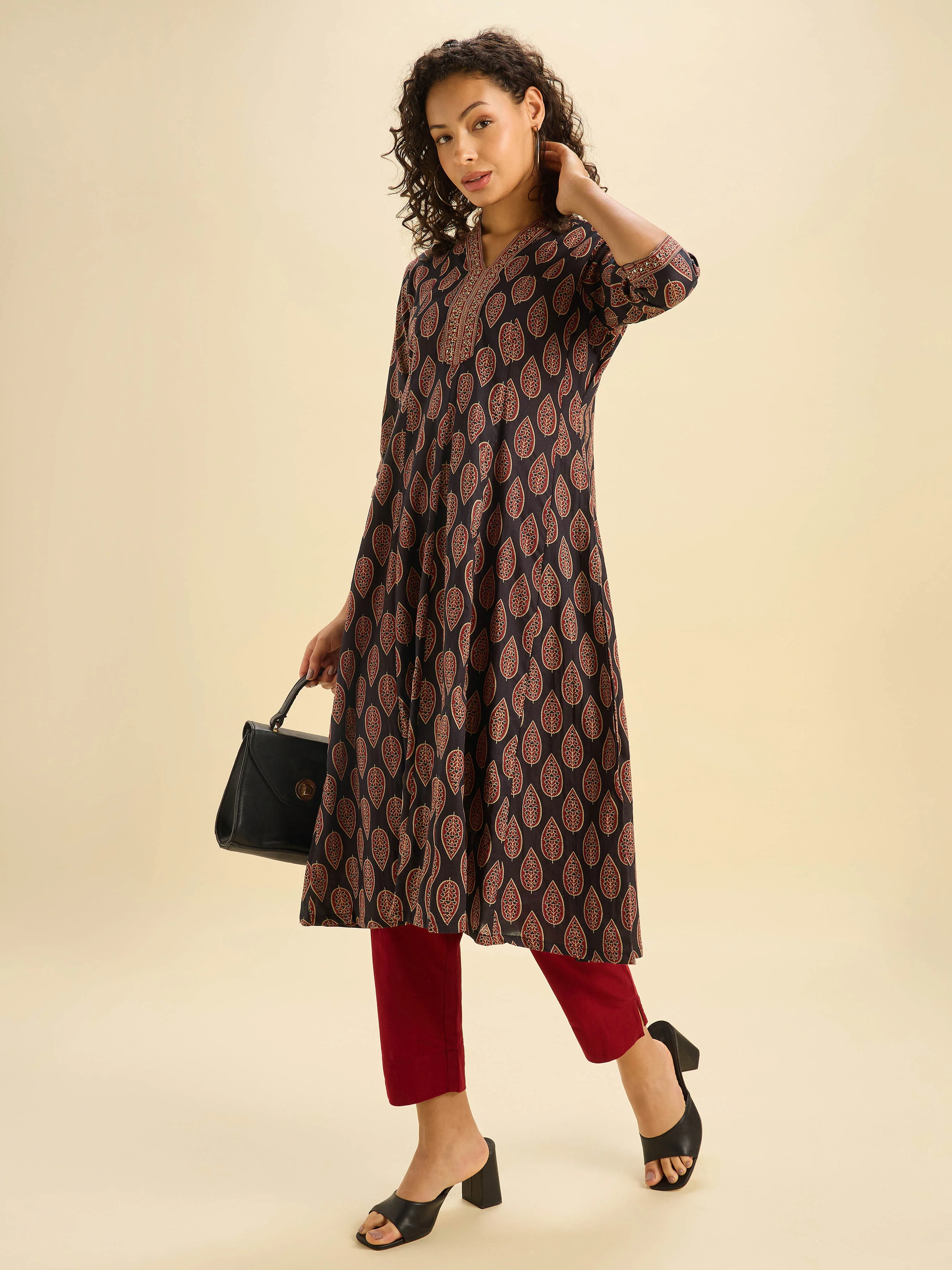 Black Multi Cotton Printed Flared Kalicut Kurti With Sequins Work - Image 4