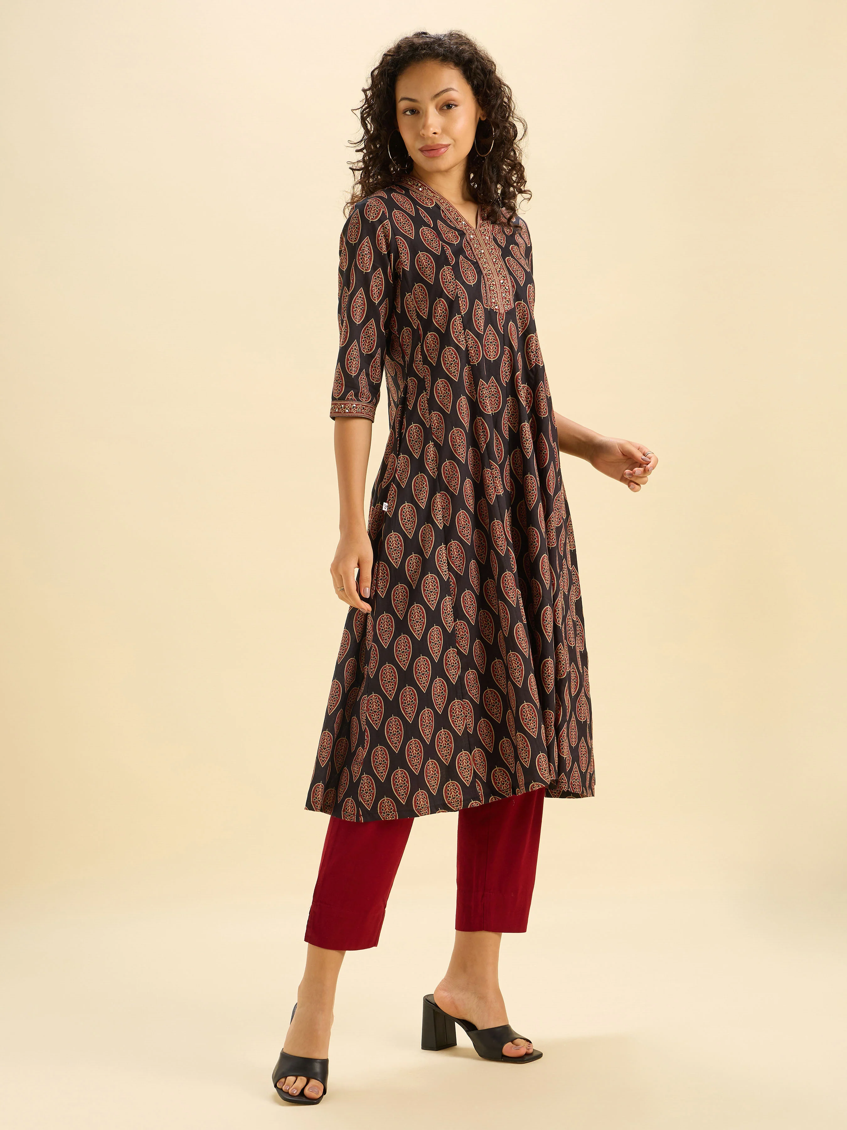 Black Multi Cotton Printed Flared Kalicut Kurti With Sequins Work - Image 5