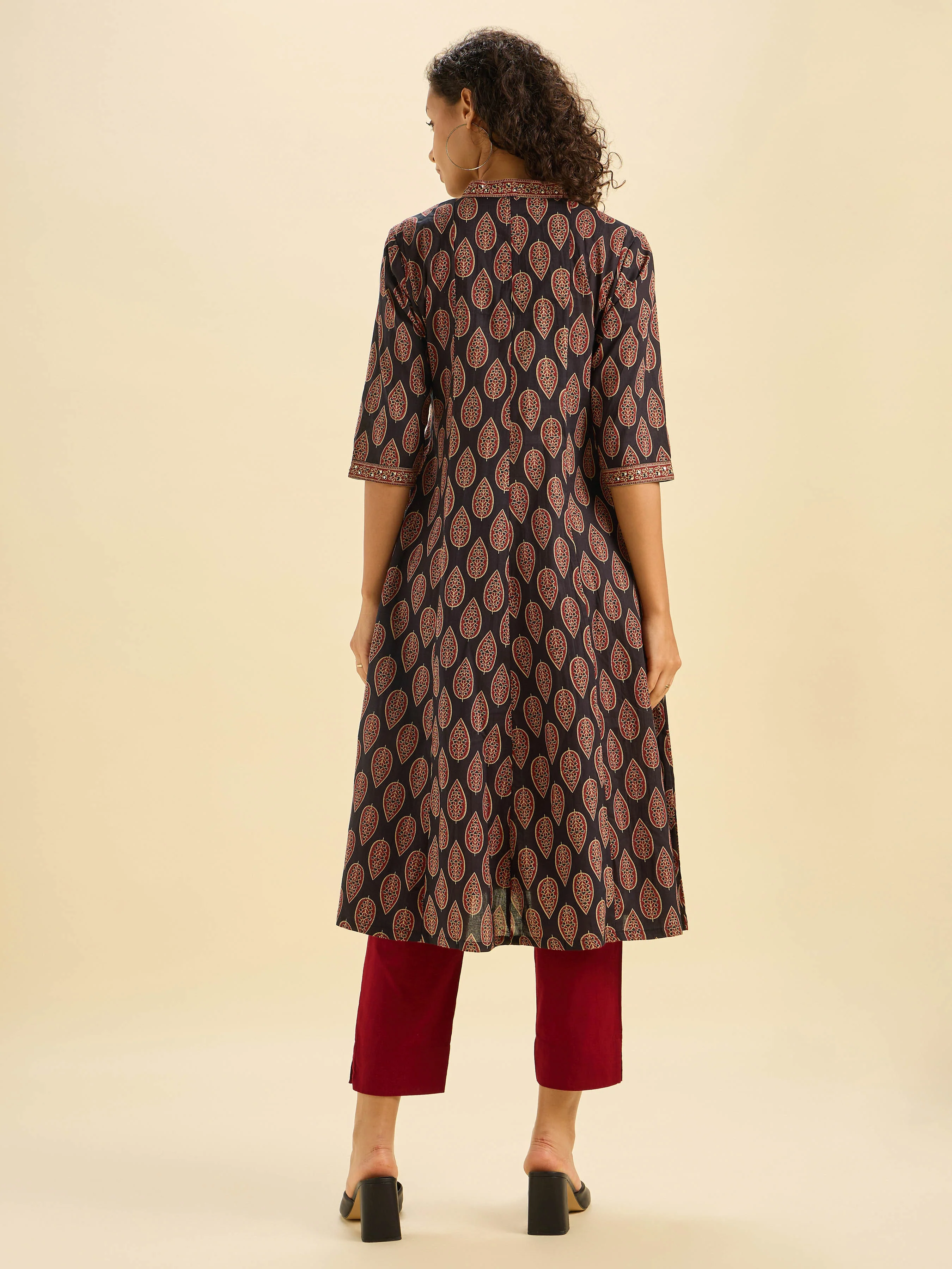 Black Multi Cotton Printed Flared Kalicut Kurti With Sequins Work - Image 6