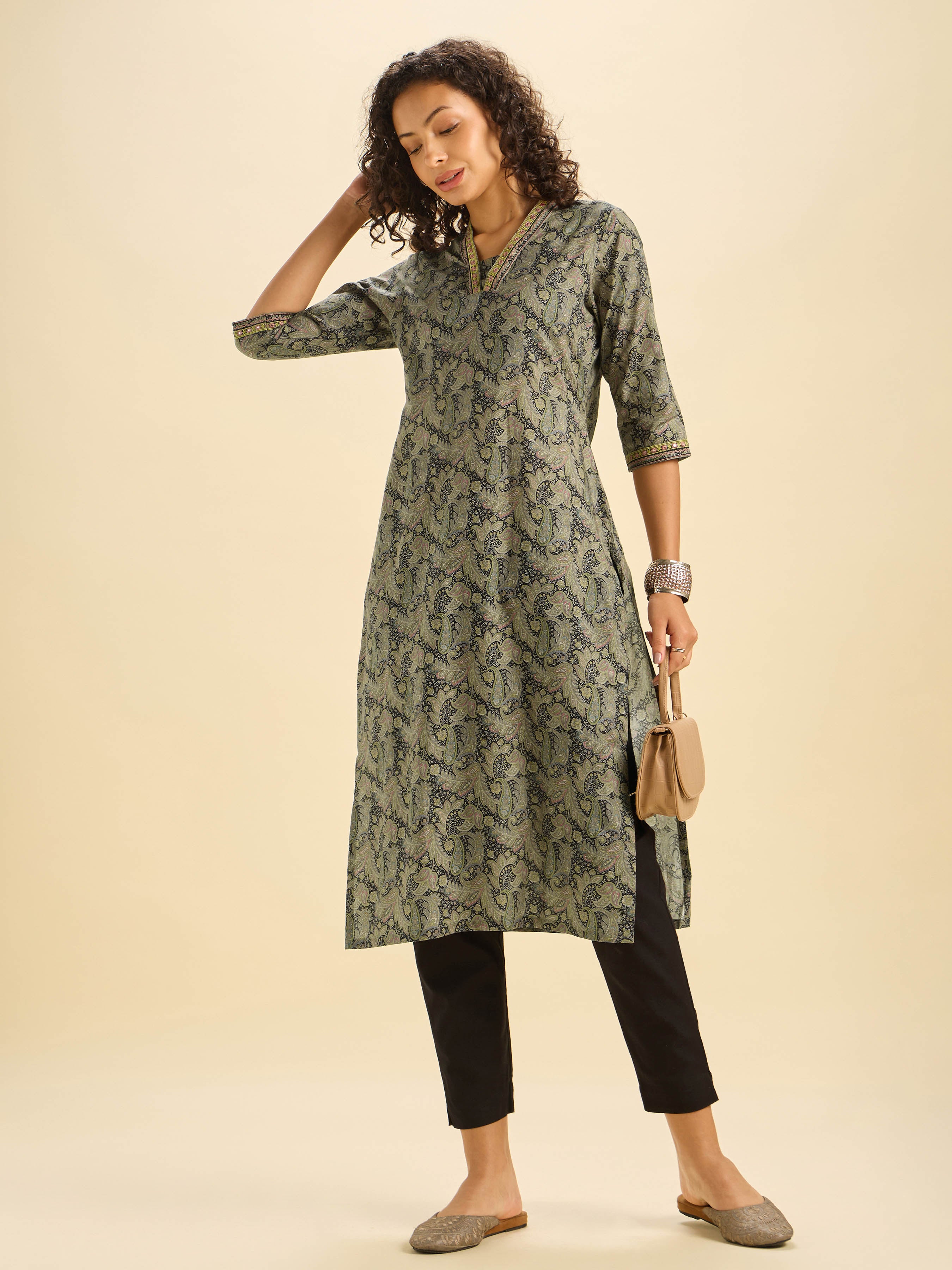 Black Multi Cotton Printed Slitted Kurti With Mirror Work - Image 3