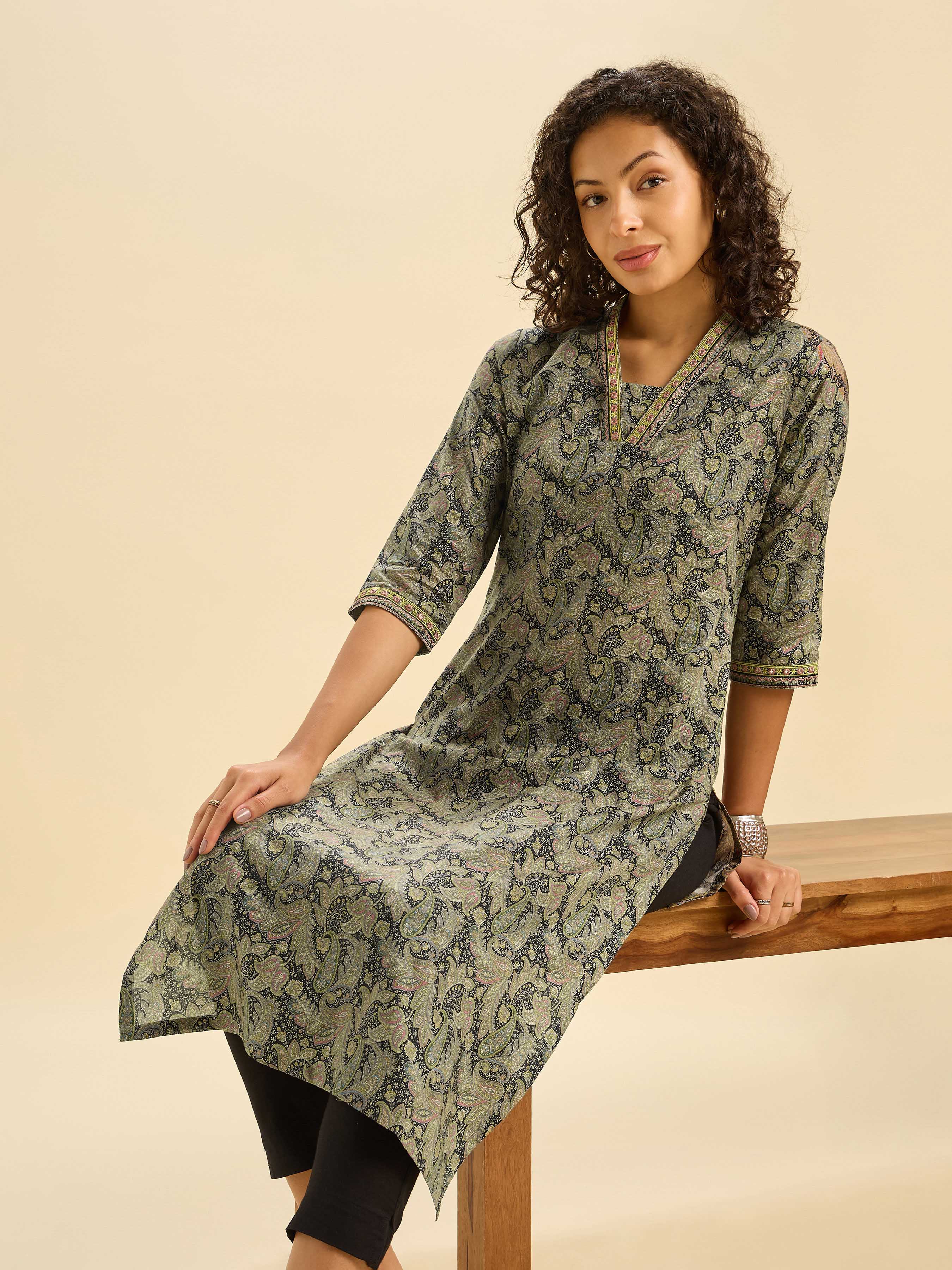 Black Multi Cotton Printed Slitted Kurti With Mirror Work - Image 4
