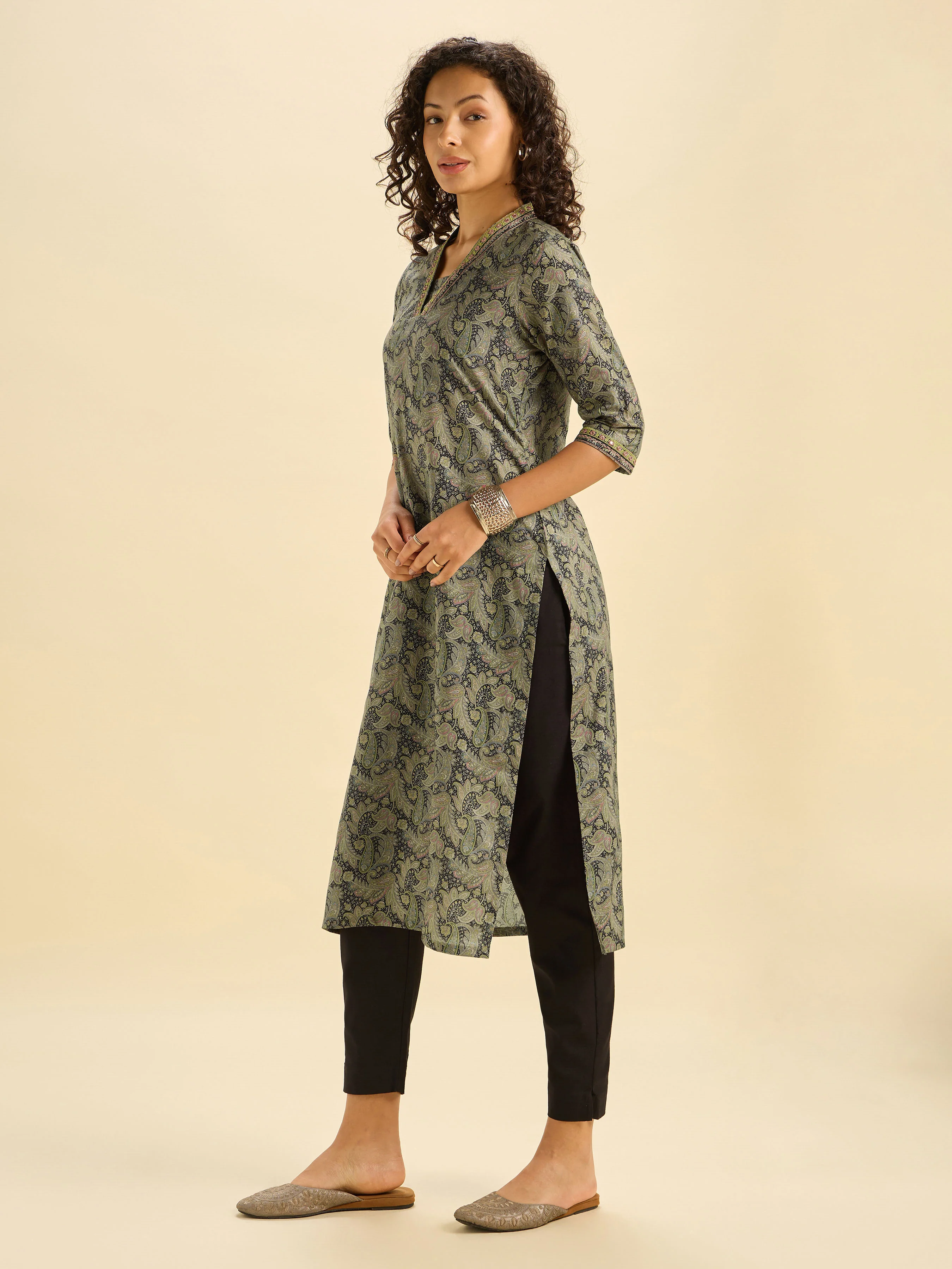 Black Multi Cotton Printed Slitted Kurti With Mirror Work - Image 5