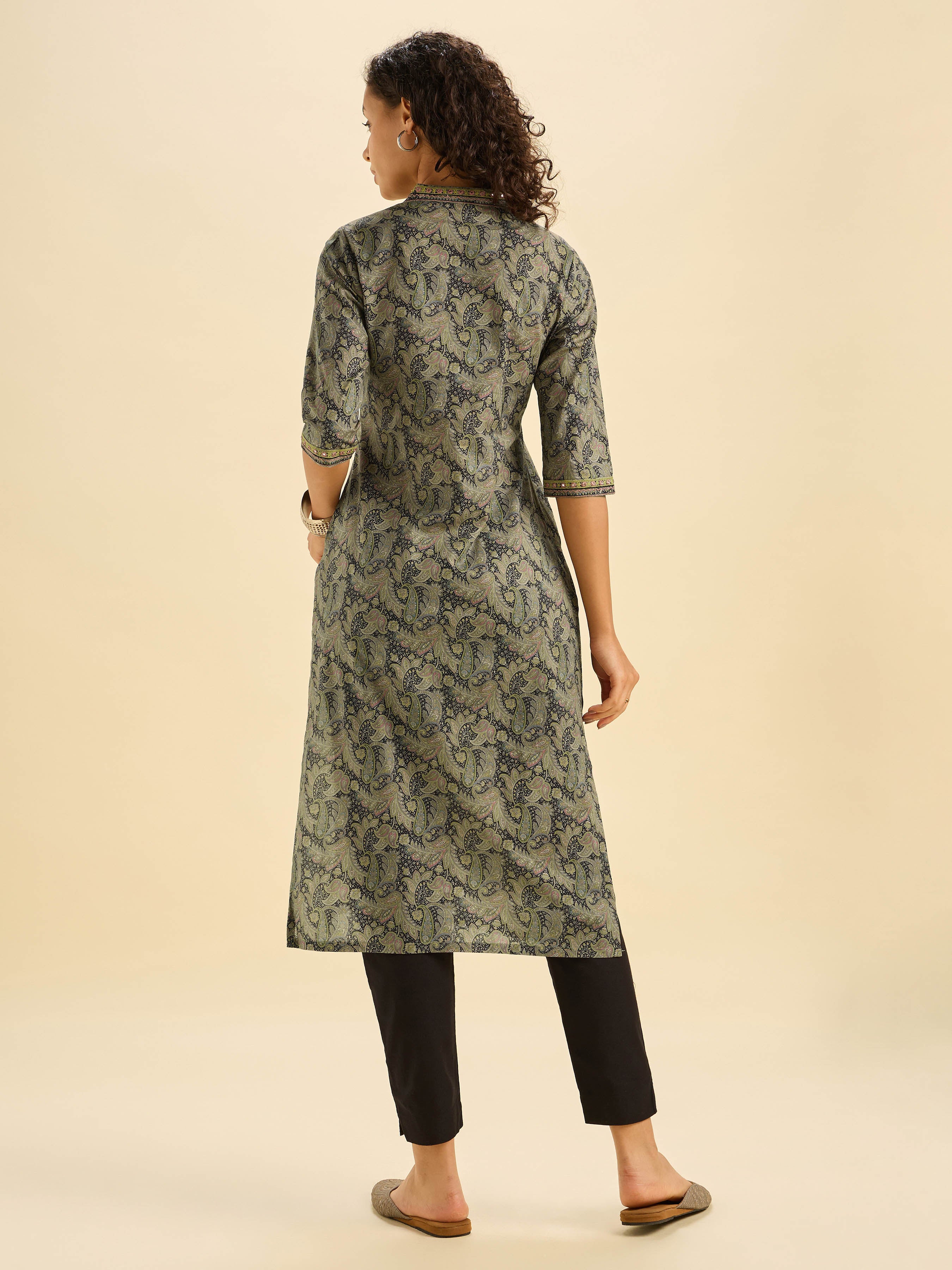 Black Multi Cotton Printed Slitted Kurti With Mirror Work - Image 6