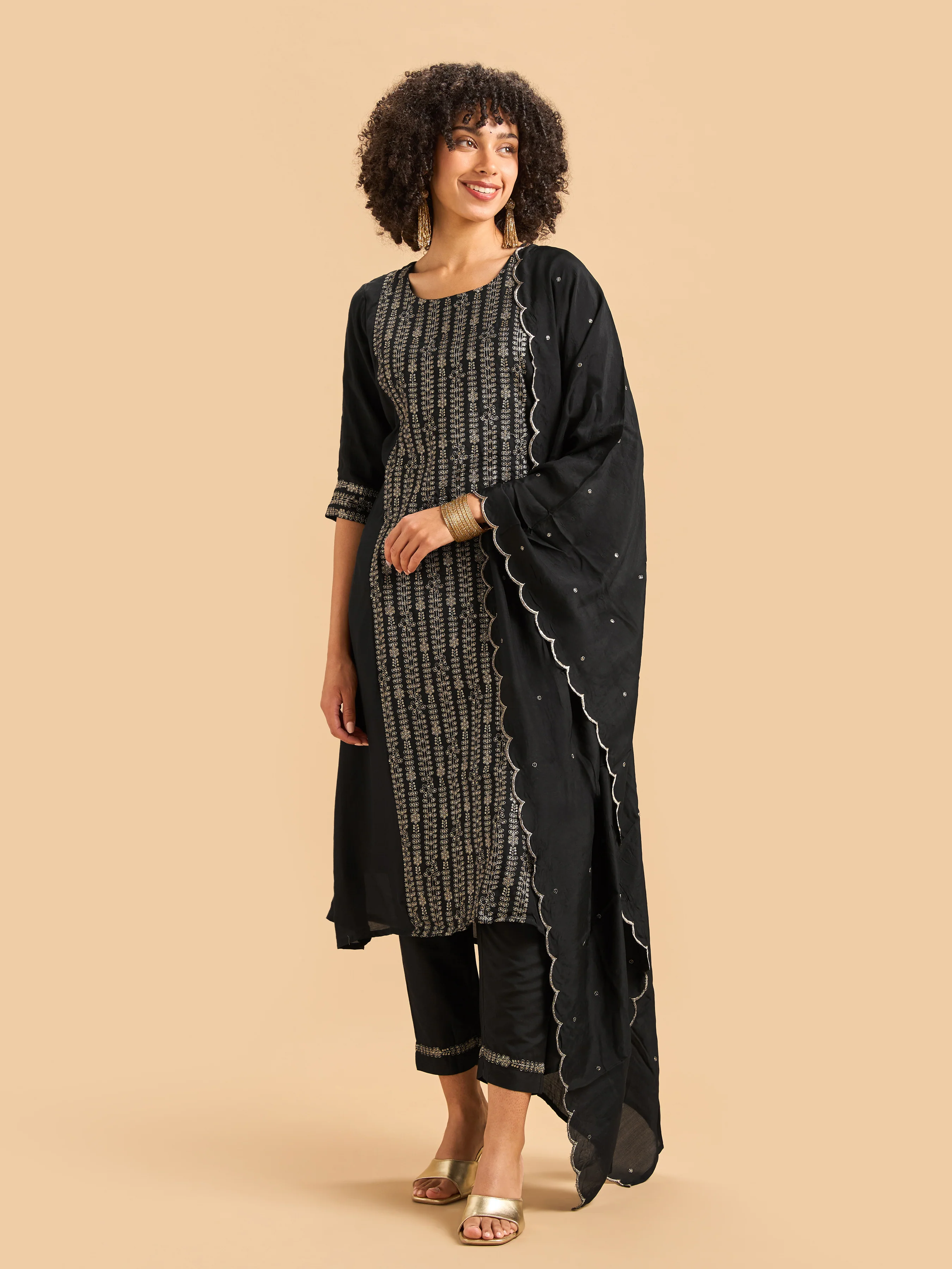 Black Muslin Kurti Set & Dupatta With Sequins Work - Image 2