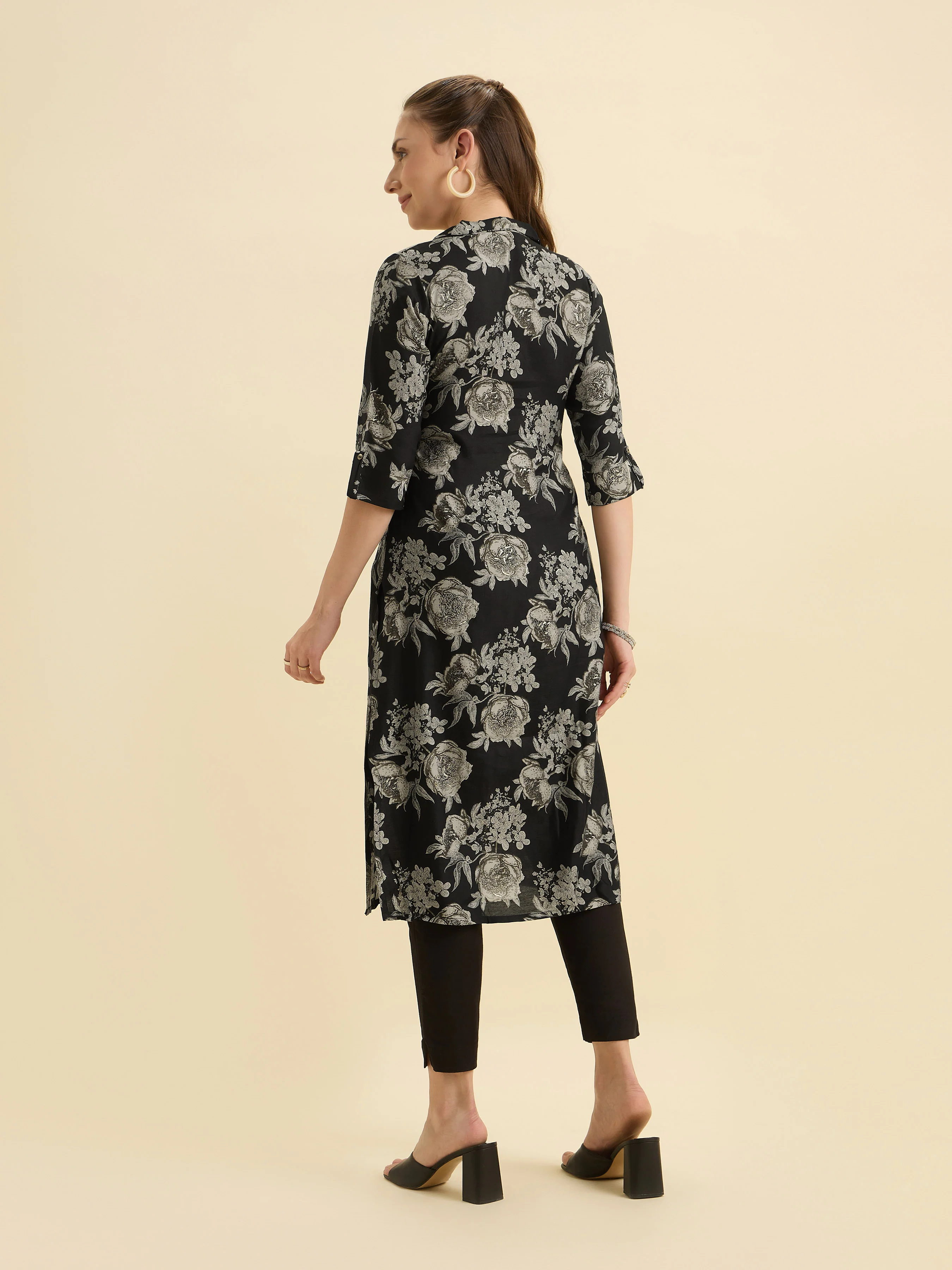 Black Ploy Viscose Flared Printed Kurti With Princesscut - Image 2