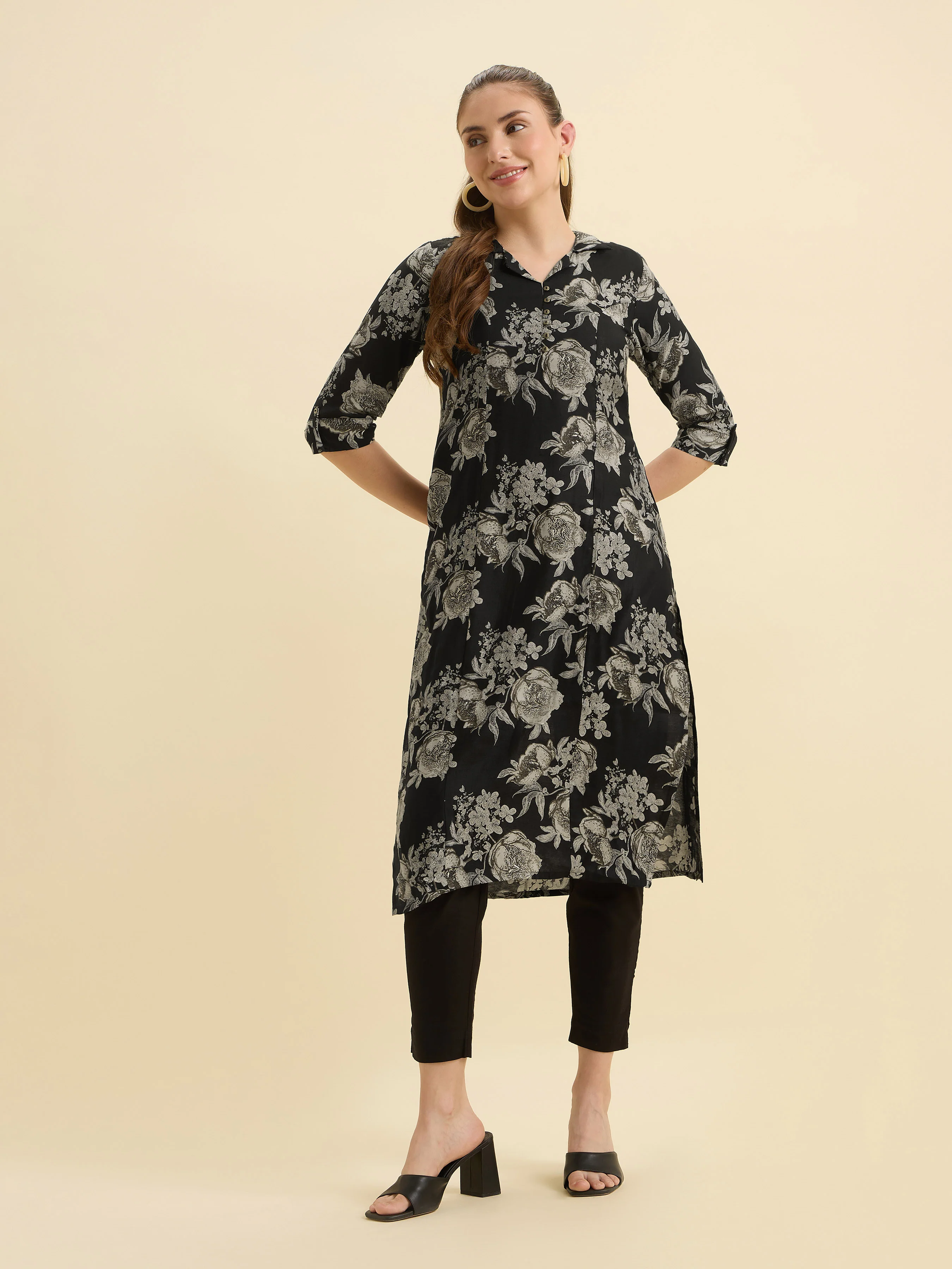 Black Ploy Viscose Flared Printed Kurti With Princesscut - Image 3