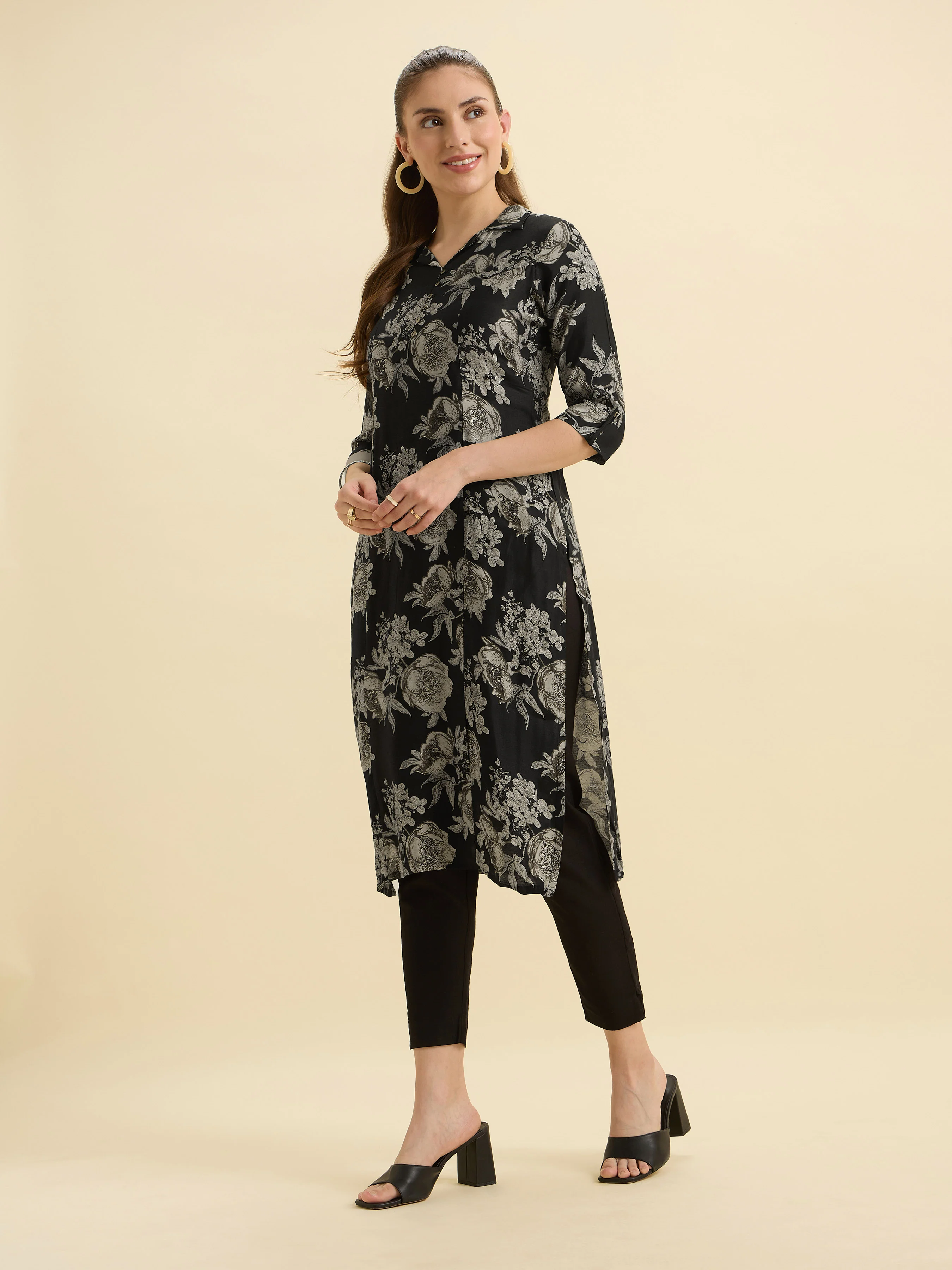 Black Ploy Viscose Flared Printed Kurti With Princesscut - Image 7