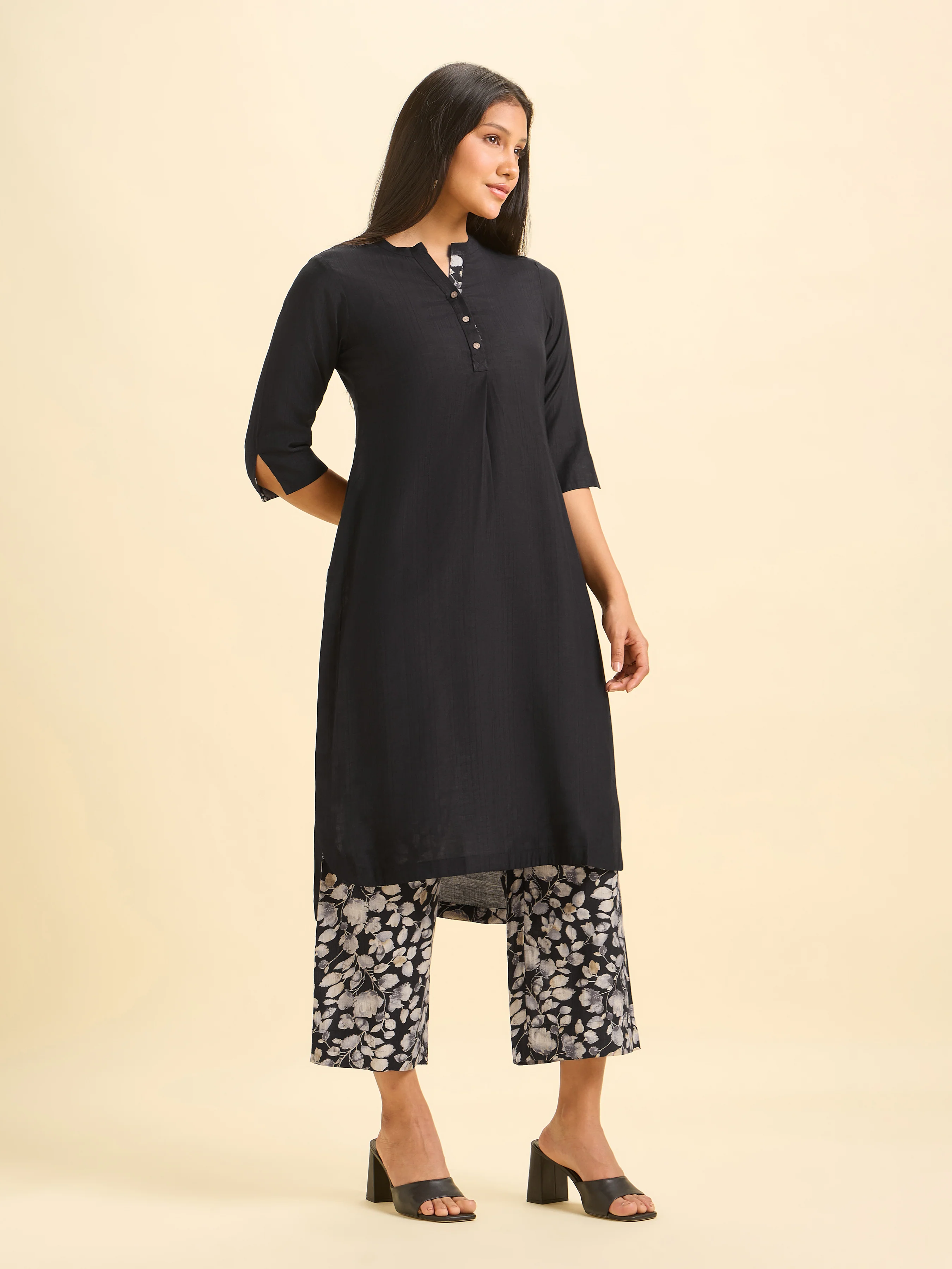 Black Viscose Blend Slit Kurti Set With High - Low Hem Line - Image 4